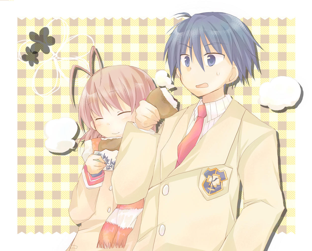 furui suguri, furukawa nagisa, okazaki tomoya, clannad, bad id, bad pixiv id, 00s, antenna hair, blue eyes, blue hair, brown hair, closed eyes, eating, food, scarf, school uniform, short hair, steam
