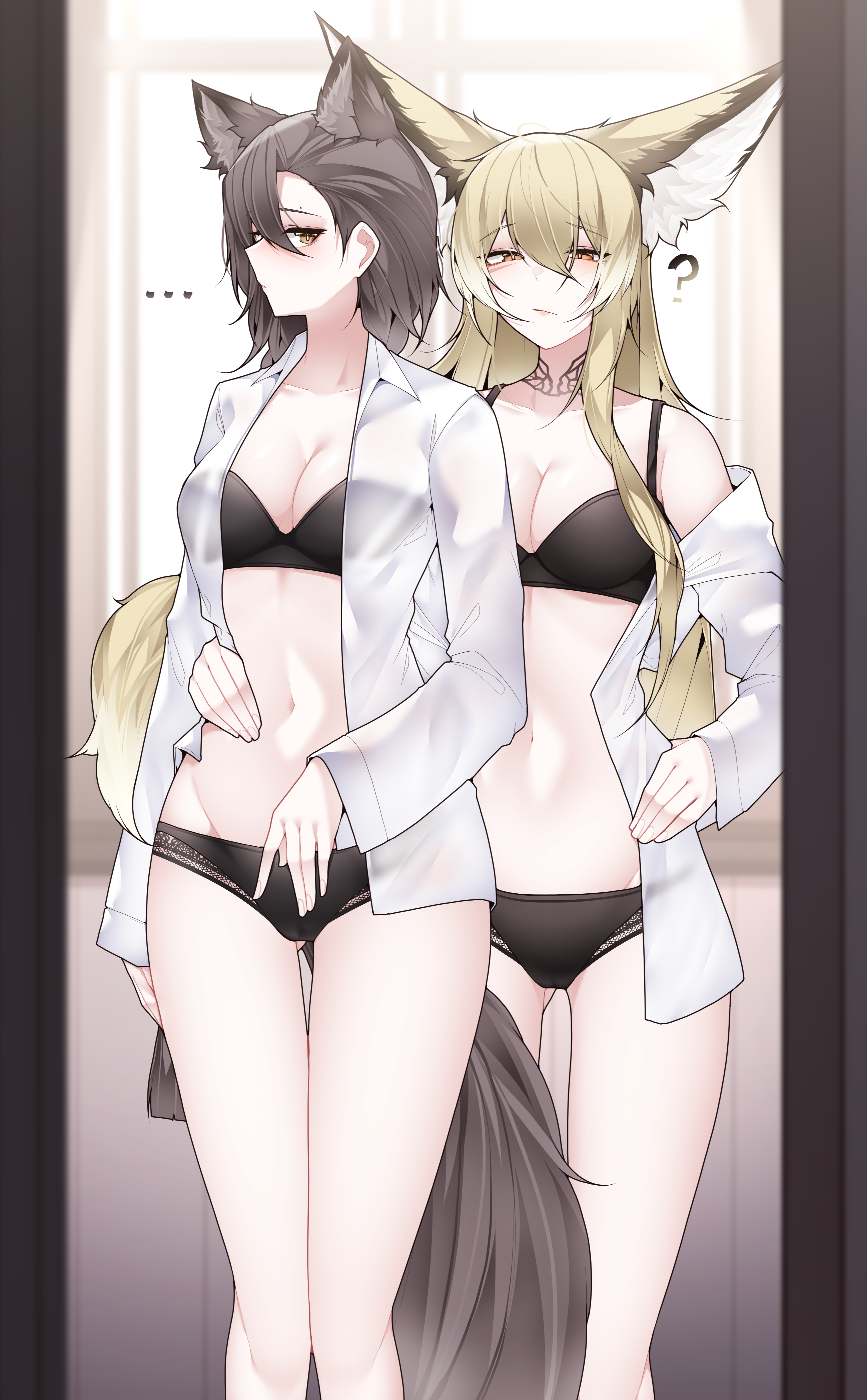 samip, penance (arknights), vulpisfoglia (arknights), arknights, absurdres, commentary, highres, symbol-only commentary, …, 2girls, :/, ?, alternate costume, animal ears, backlighting, bare legs, bare shoulders, black bra, black panties, blurry, blurry foreground, blush, bra, breasts, brown hair, cleavage, closed mouth, collarbone, collared shirt, dated commentary, day, expressionless, extra ears, facial scar, feet out of frame, fingernails, fox ears, fox girl, fox tail, hair between eyes, hand on another's waist, indoors, kitsune, large breasts, large ears, legs together, light frown, long hair, long sleeves, looking to the side, medium breasts, mole, mole above eye, mole on forehead, multiple girls, multiple tails, navel, off shoulder, open clothes, open shirt, orange eyes, orange hair, panties, scar, scar on cheek, scar on face, shirt, sidelocks, standing, stomach, tail, tattoo choker, thighs, underwear, very long hair, white shirt, wolf girl, wolf tail, yellow eyes, yellow tail