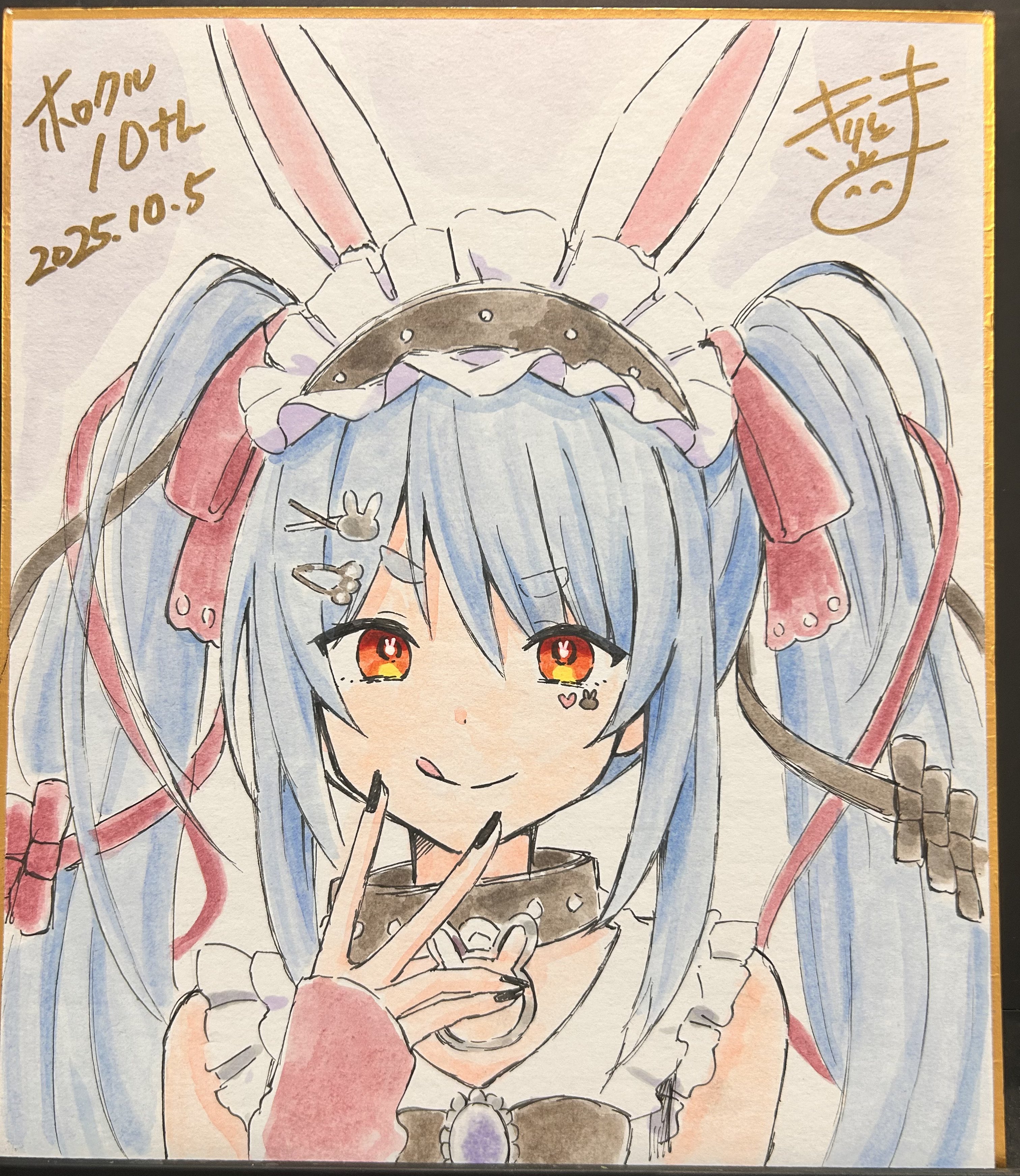 kiritoma, usada pekora, usada pekora (11th costume), hololive, absurdres, commentary request, highres, photo (medium), traditional media, 1girl, :q, animal ear fluff, animal ears, black bow, black collar, black hairband, black nails, blue hair, bow, carrot hair ornament, closed mouth, collar, dated, food-themed hair ornament, frilled hairband, frills, hair between eyes, hair ornament, hairband, hairclip, hand to own mouth, hand up, long hair, looking at viewer, nail polish, rabbit-shaped pupils, rabbit ears, rabbit hair ornament, red eyes, shikishi, short eyebrows, smile, solo, symbol-shaped pupils, thick eyebrows, tongue, tongue out, twintails, upper body, v-shaped eyebrows, virtual youtuber, x hair ornament