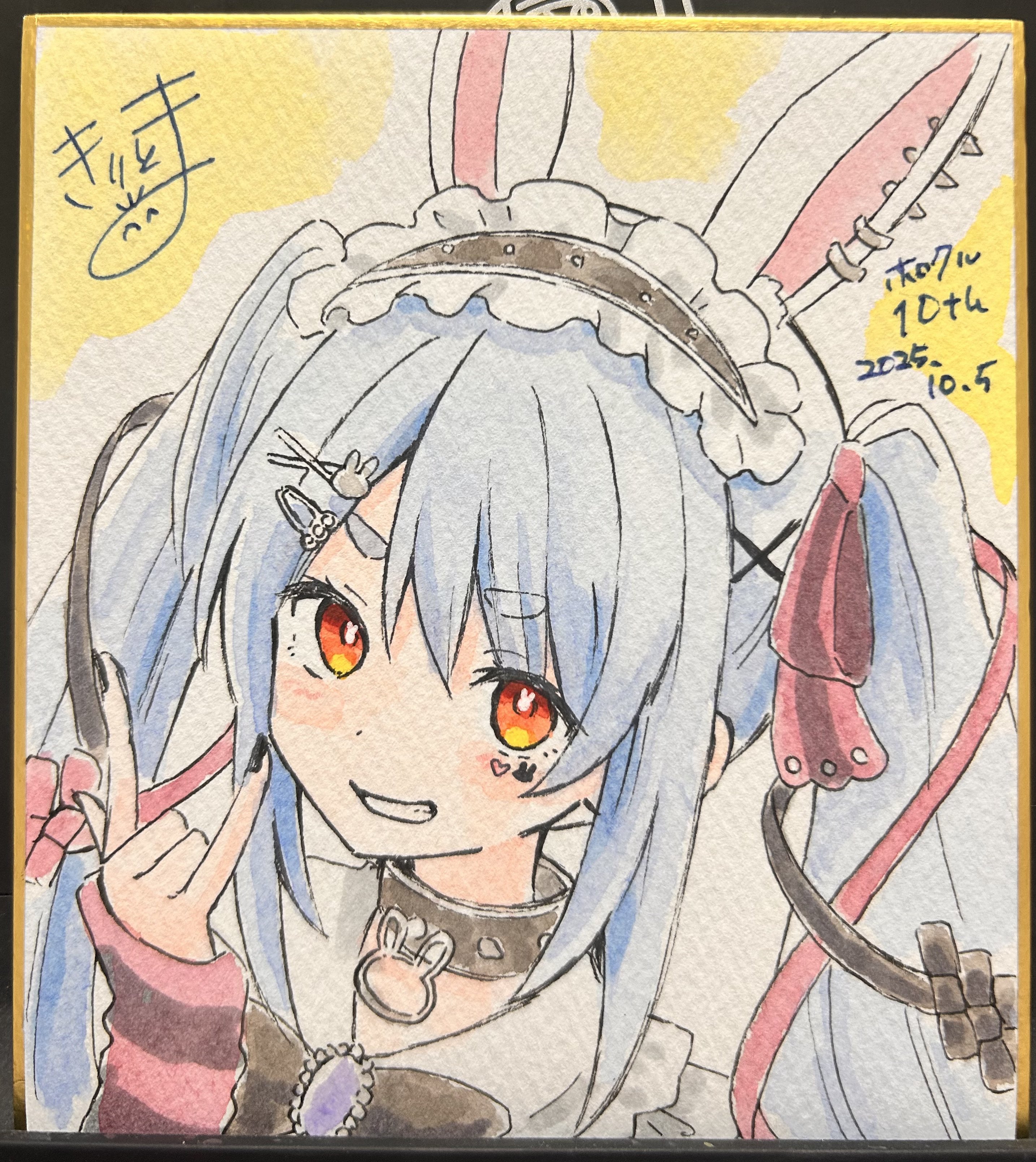kiritoma, usada pekora, usada pekora (11th costume), hololive, absurdres, highres, photo (medium), traditional media, 1girl, n/, animal ear fluff, animal ears, black bow, black hairband, blue hair, blush, bow, carrot hair ornament, dated, ear piercing, facial mark, food-themed hair ornament, frilled hairband, frills, grin, hair between eyes, hair ornament, hairband, hairclip, long hair, looking at viewer, piercing, rabbit-shaped pupils, rabbit ears, rabbit hair ornament, red eyes, shikishi, short eyebrows, signature, smile, solo, symbol-shaped pupils, thick eyebrows, twintails, upper body, v-shaped eyebrows, virtual youtuber, x hair ornament