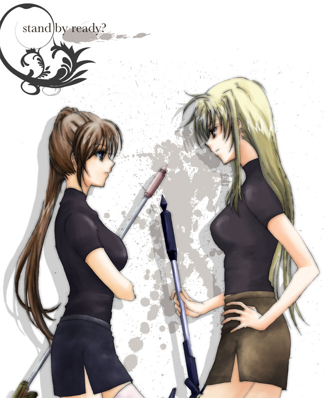 lina (interlude), bardiche (nanoha), fate testarossa, raising heart, takamachi nanoha, lyrical nanoha, mahou shoujo lyrical nanoha, mahou shoujo lyrical nanoha strikers, 00s, 2girls, blonde hair, breasts, brown hair, english text, engrish text, eye contact, long hair, looking at another, medium breasts, multiple girls, pencil skirt, ponytail, profile, ranguage, short sleeves, side ponytail, side slit, skirt, smile, staff, thighhighs, turtleneck, very long hair, zettai ryouiki