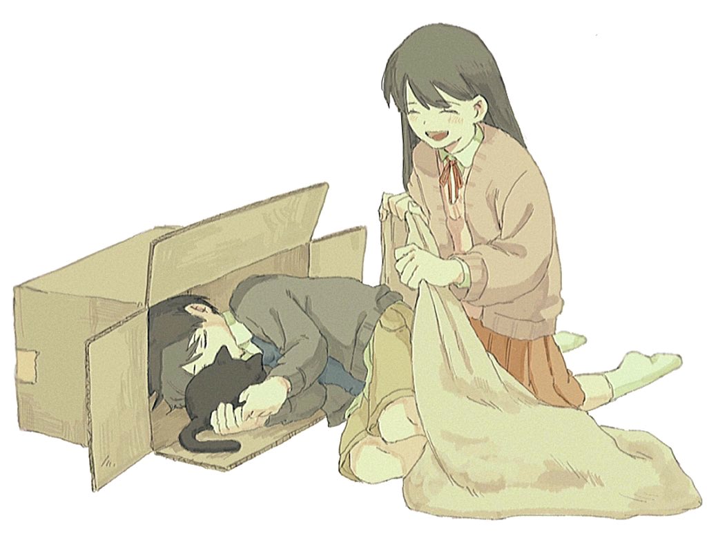sawaki (2d1ty), mari (faraway) (omori), mari (omori), mewo, sunny (omori), omori, 1boy, 1girl, :d, ^ ^, animal, ankle socks, black cat, black hair, black sweater, blanket, box, brother and sister, brown cardigan, brown shorts, cardboard box, cardigan, cat, closed eyes, collared shirt, double-parted bangs, film grain, full body, grey cardigan, hair behind ear, hair between eyes, holding, holding blanket, kneeling, layered sleeves, long hair, long sleeves, lying, medium skirt, neck ribbon, no shoes, on side, open cardigan, open clothes, open mouth, pink sweater, pleated skirt, puffy long sleeves, puffy sleeves, red ribbon, red skirt, ribbon, shirt, short hair, shorts, siblings, simple background, skirt, smile, socks, straight hair, sweater, tongue, u u, very short hair, white background, white shirt, white socks