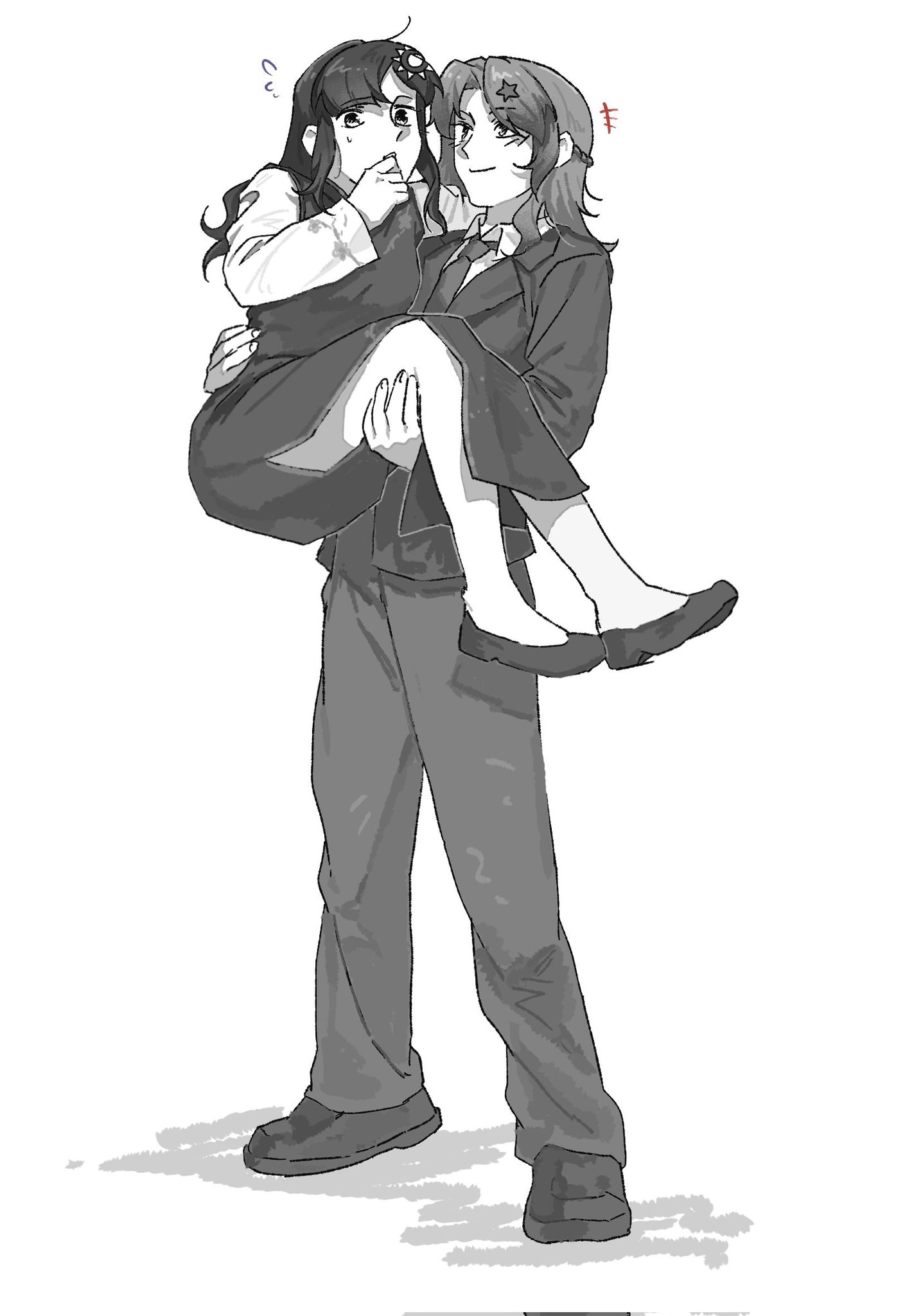 tkotu, highres, 2girls, braid, carrying, carrying person, china dress, chinese clothes, closed mouth, collared shirt, cpc (tkotu), dress, dress over shirt, emphasis lines, flying sweatdrops, greyscale, half up braid, hand on another's thigh, hand on another's waist, hand up, jewelry, kmt (tkotu), long sleeves, monochrome, multiple girls, necktie, pants, partyhumans, princess carry, shirt, shoes, simple background, sleeveless, sleeveless dress, smile, standing, white background, yuri