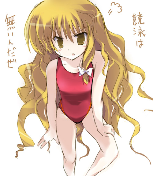 testman, wahiko (black bastard), kirisame marisa, touhou, fume, translated, 1girl, angry, blonde hair, competition swimsuit, fang, female focus, long hair, one-piece swimsuit, simple background, solo, swimsuit, white background, yellow eyes