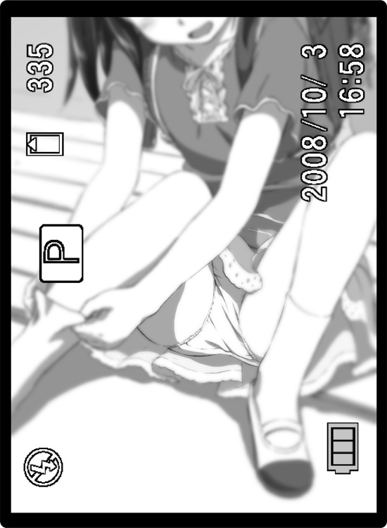 backpack, bag, camera, greyscale, monochrome, panties, pantyshot, randoseru, sitting, socks, solo, spread legs, underwear, upskirt, viewfinder