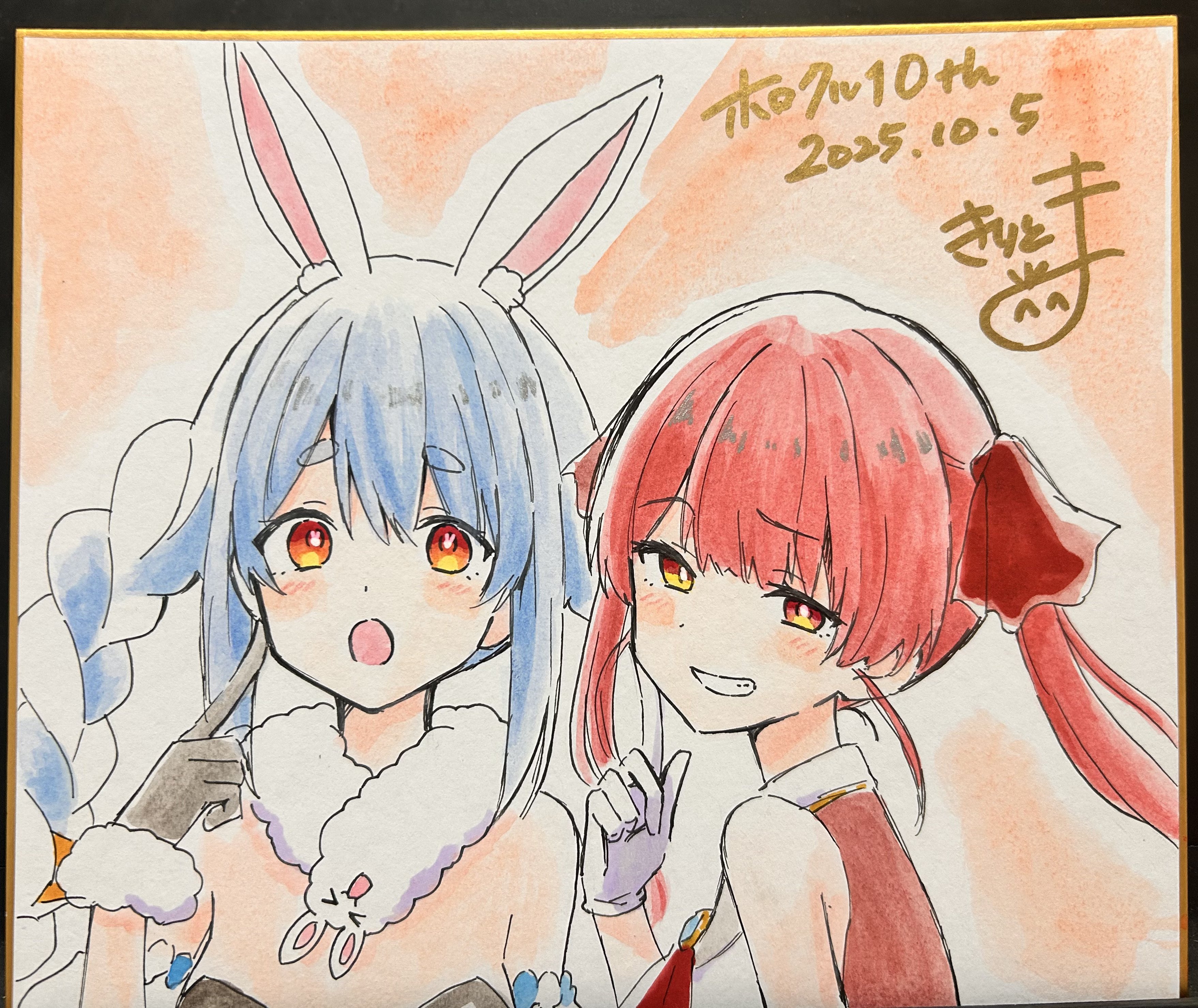 kiritoma, don-chan (usada pekora), houshou marine, houshou marine (1st costume), usada pekora, usada pekora (1st costume), hololive, absurdres, commentary request, highres, photo (medium), traditional media, 2girls, :o, animal ear fluff, animal ears, bare shoulders, black gloves, black leotard, blue hair, braid, breasts, carrot hair ornament, dated, detached sleeves, food-themed hair ornament, fur-trimmed gloves, fur trim, gloves, groin, hair ornament, hair ribbon, jacket, leotard, long hair, looking at viewer, looking to the side, multicolored hair, multiple girls, no heterochromia, open mouth, puffy short sleeves, puffy sleeves, rabbit-shaped pupils, rabbit ears, red eyes, red hair, red jacket, red ribbon, ribbon, shikishi, short sleeves, signature, sleeveless, sleeveless jacket, small breasts, strapless, strapless leotard, symbol-shaped pupils, twin braids, twintails, two-tone hair, upper body, virtual youtuber, white gloves, white hair, white sleeves