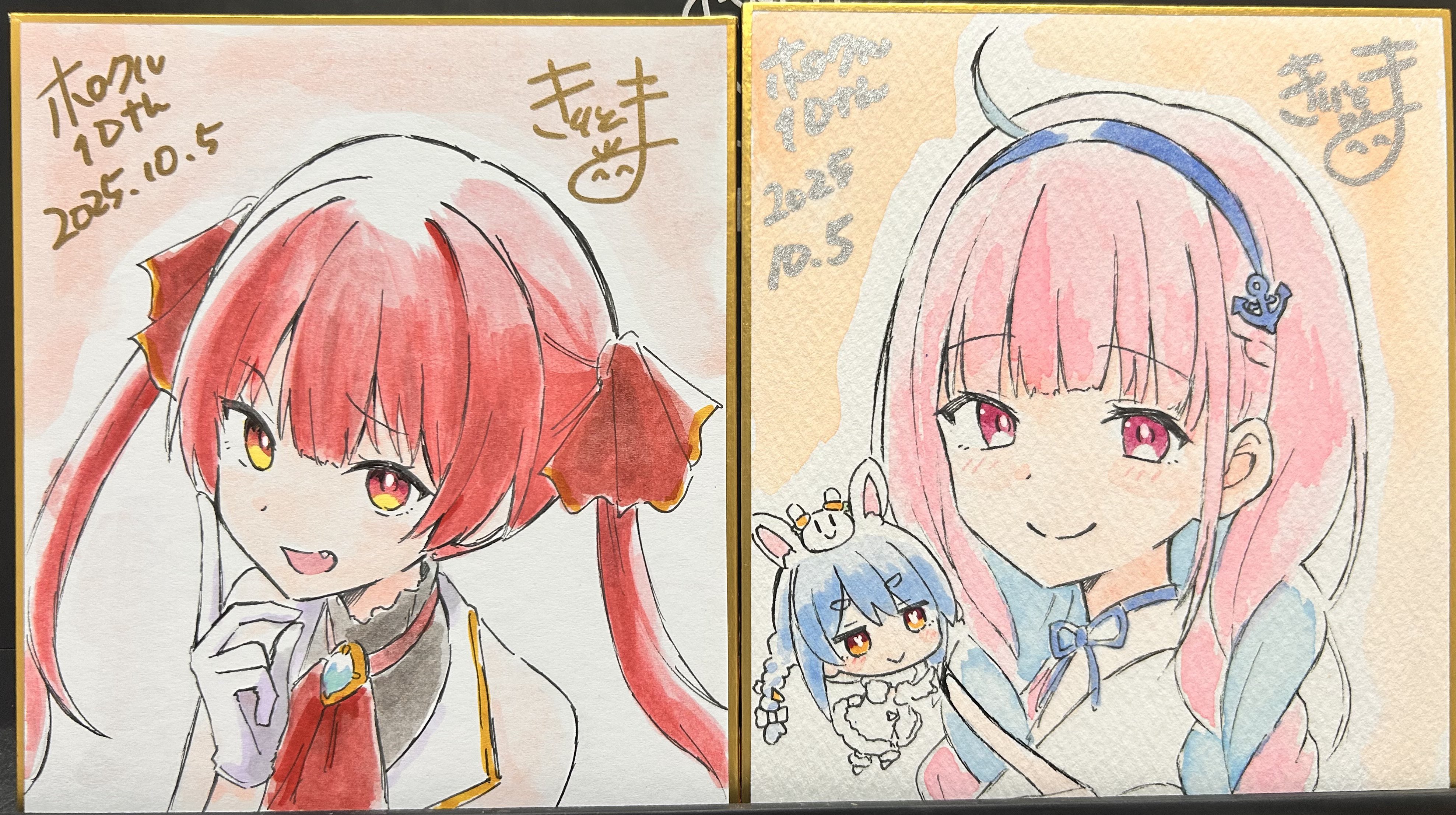 kiritoma, don-chan (usada pekora), houshou marine, houshou marine (1st costume), minato aqua, pekomon (usada pekora), usada pekora, usada pekora (1st costume), hololive, absurdres, highres, photo (medium), traditional media, 3girls, :d, ahoge, anchor hair ornament, animal ear fluff, animal ears, bare shoulders, blue hair, blue hairband, bow, braid, cape, carrot hair ornament, chibi, closed mouth, dated, dress, fang, food-themed hair ornament, fur-trimmed cape, fur trim, gloves, hair bow, hair ornament, hair ribbon, hairband, mini person, minigirl, multicolored hair, multiple girls, on head, open mouth, pink hair, purple eyes, rabbit-shaped pupils, rabbit ears, red eyes, red hair, red ribbon, ribbon, shikishi, signature, smile, symbol-shaped pupils, twin braids, twintails, two-tone hair, virtual youtuber, white bow, white dress, white gloves