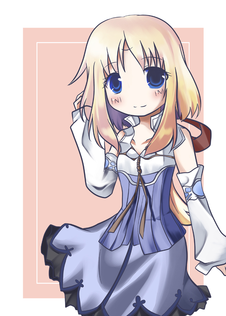 mist (rune factory), rune factory, rune factory frontier, 1girl, blonde hair, blue dress, closed mouth, collarbone peek, dress, ku rage, low ponytail, no nose, off shoulder, pale skin, pink background, ponytail, smile, solo, split mouth