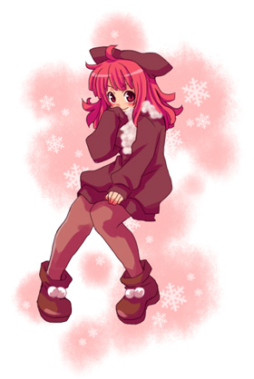 tsuyuka (sunny spot), prier, la pucelle, nippon ichi, lowres, 1girl, female focus, hat, pantyhose, pink eyes, pink hair, shoes, solo, sweater, winter