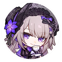 herta (honkai: star rail), the herta (honkai: star rail), the herta (tea break) (honkai: star rail), honkai: star rail, honkai (series), lowres, official art, black bonnet, black dress, black ribbon, bonnet, border, brown hair, cup, dress, flower, hair flower, hair ornament, holding, holding cup, looking at viewer, official alternate costume, profile picture, purple eyes, purple flower, purple ribbon, ribbon, round border, teacup, transparent background