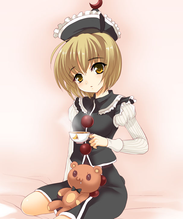 kumao mofumofu, lunasa prismriver, touhou, bad id, bad pixiv id, 1girl, blonde hair, cup, female focus, gradient background, hat, solo, stuffed animal, stuffed toy, teddy bear