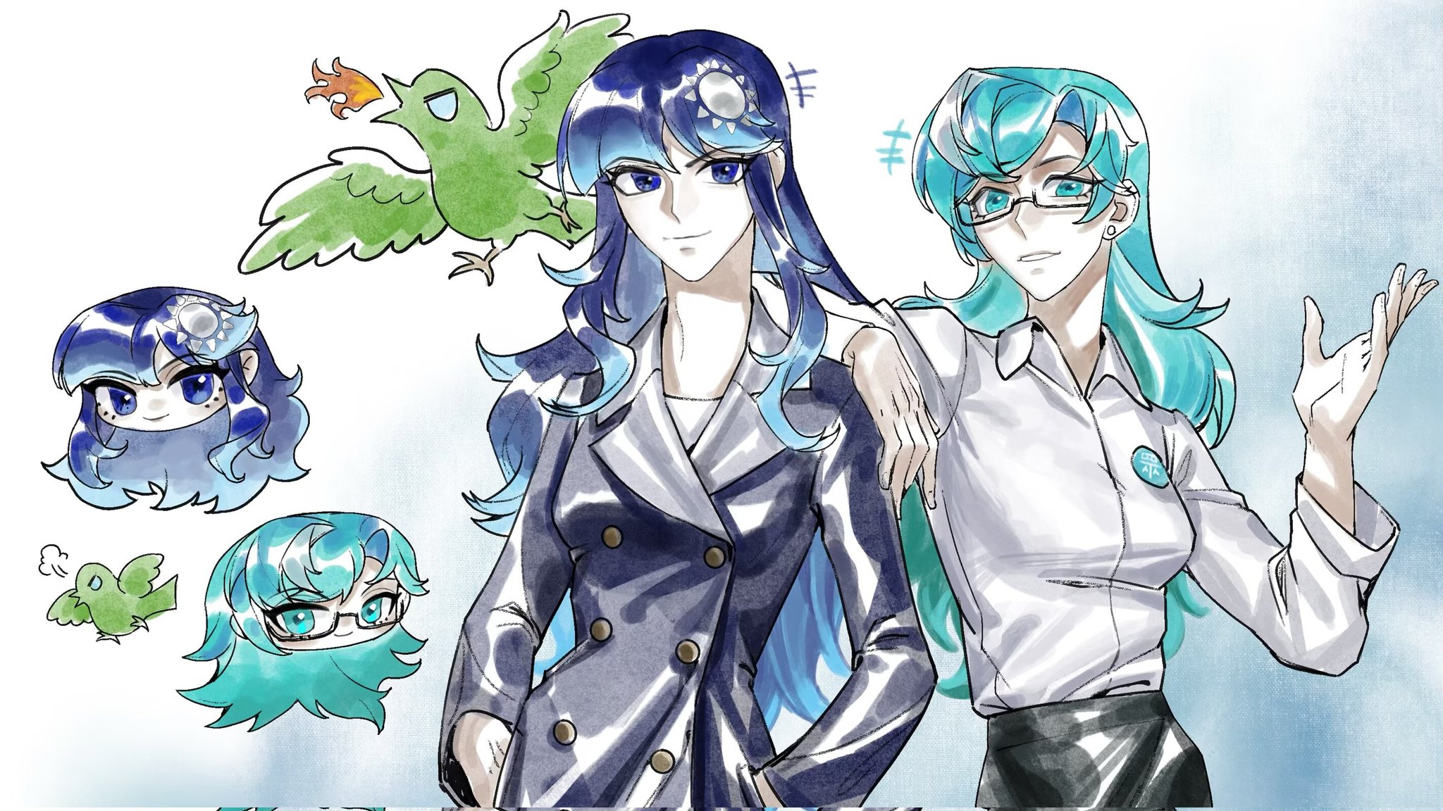 tkotu, highres, 2girls, angry, animal ears, aqua eyes, aqua hair, arm on another's shoulder, bird, black skirt, blue coat, blue eyes, blue hair, closed mouth, coat, collared shirt, emphasis lines, fire, glasses, hands in pockets, kmt (tkotu), long sleeves, multiple girls, partyhumans, puff of air, shirt, shirt tucked in, single hair intake, skirt, smile, sun hair ornament, tpp (tkotu), white shirt