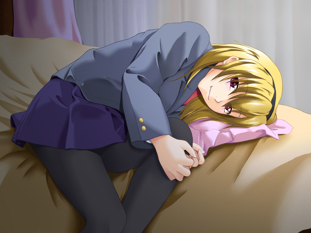 ichirou, houjou satoko, higurashi no naku koro ni, bad id, bad pixiv id, 00s, 1girl, aged up, bed, bed sheet, blazer, blonde hair, curtains, fang, female focus, hairband, jacket, leg hold, lying, pantyhose, pillow, red eyes, school uniform, short hair, skirt, smile, solo