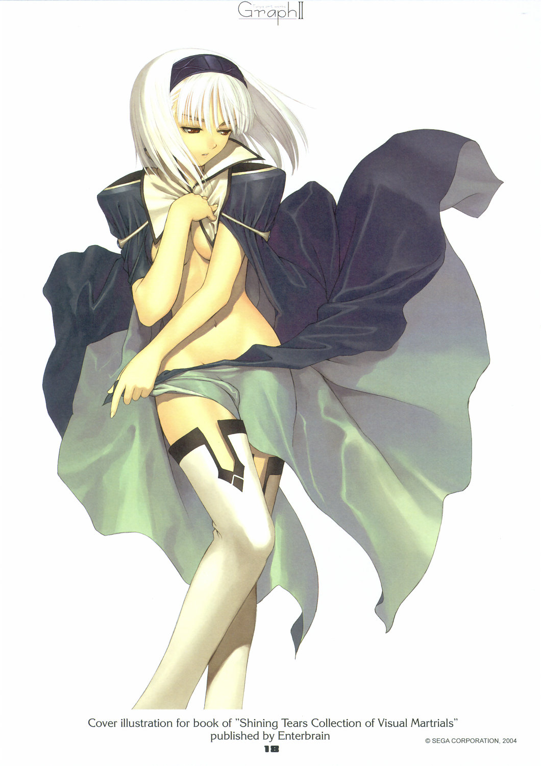 tony taka, blanc neige, sega, shining (series), shining tears, highres, scan, 1girl, albino, armlet, blue gemstone, breasts, breasts apart, cape, copyright name, covering breasts, covering privates, dated, female focus, gem, hair between eyes, hair ornament, half-closed eyes, holding, holding unworn cape, holding unworn clothes, jewelry, legs, legs together, long legs, medium breasts, midriff, navel, no bra, no panties, nude cover, popped collar, red eyes, simple background, solo, standing, thighhighs, unworn cape, white background, white hair, white thighhighs