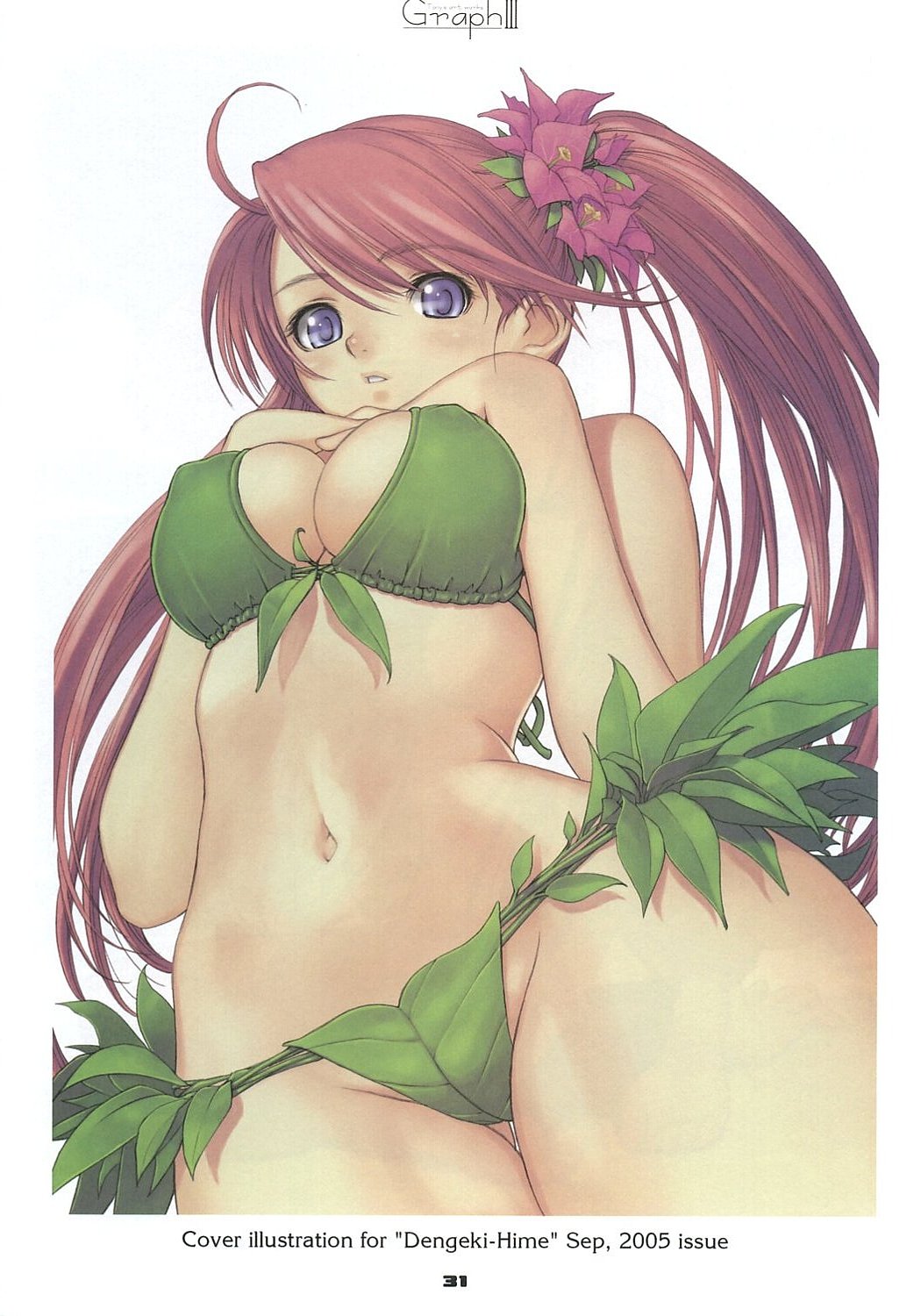 tony taka, dengeki hime, highres, non-web source, scan, scan artifacts, 1girl, ahoge, bikini, blue eyes, blush, bougainvillea (flower), breast suppress, breasts, female focus, flower, from below, green bikini, hair flower, hair ornament, leaf bikini, long hair, looking down, navel, own hands clasped, own hands together, pink hair, purple eyes, red hair, solo, swimsuit, twintails, very long hair