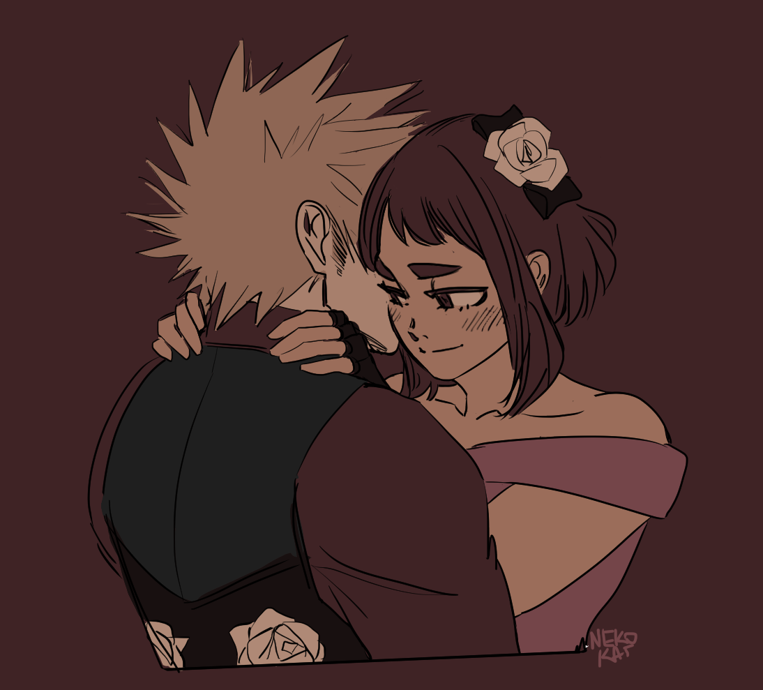 nekokat42, bakugou katsuki, uraraka ochako, boku no hero academia, 1boy, 1girl, alternate costume, artist name, ballroom dancing, bare shoulders, black gloves, black vest, blonde hair, blush, brown background, brown eyes, brown hair, brown sleeves, brown suit, collarbone, covered face, dress, fingerless gloves, flower, formal clothes, gloves, hair flower, hair ornament, hands on another's shoulders, heads together, hetero, lowered eyelids, pink dress, short hair, sidelocks, signature, sleeveless, sleeveless dress, smile, spiked hair, suit, thick eyebrows, upper body, vest, white flower