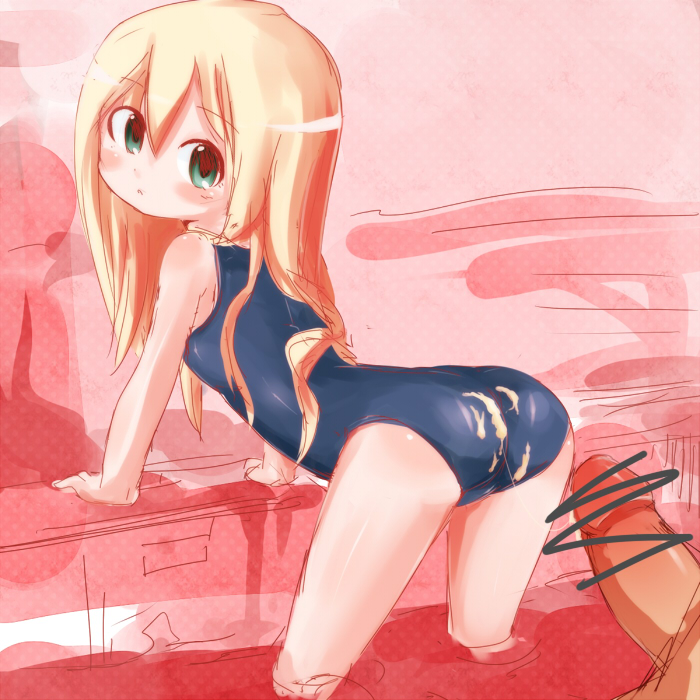 original, 1girl, ass, bent over, blonde hair, censored, cum, cum on ass, cum on body, green eyes, loli, long hair, looking back, one-piece swimsuit, penis, school swimsuit, solo focus, swimsuit