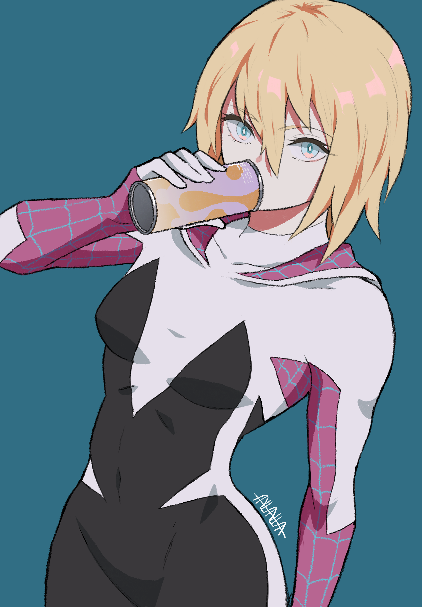 sushi pizza rrr, gwen stacy, spider-gwen, marvel, spider-man (series), highres, 1girl, blonde hair, blue background, blue eyes, bodysuit, breasts, bright pupils, can, drink, drink can, drinking, eyelashes, holding, holding can, holding drink, hood, hood down, short hair, simple background, solo, superhero costume, white pupils