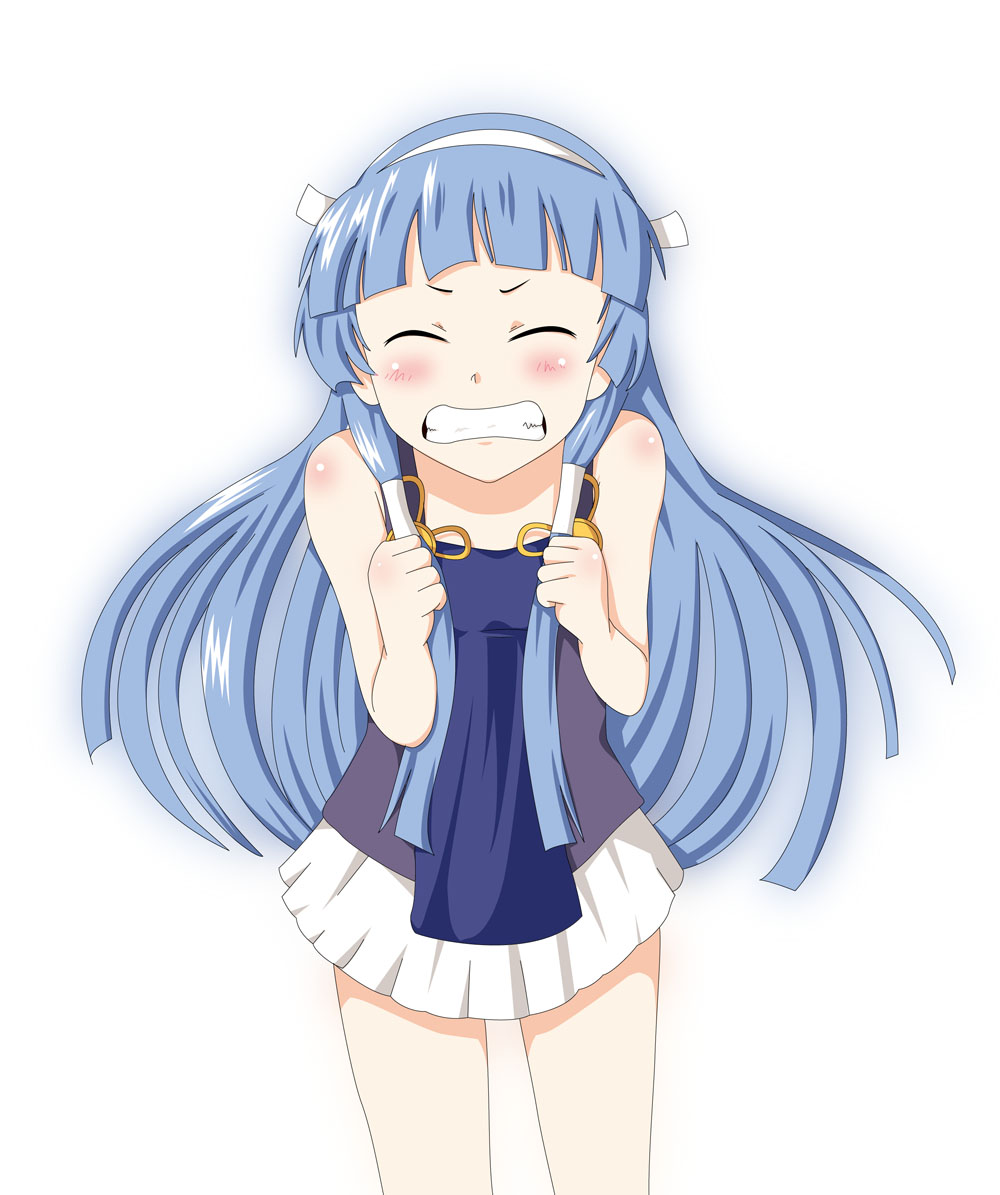 usakou, nagi, kannagi, 00s, 1girl, blue hair, blunt bangs, blush, clenched hand, clenched hands, closed eyes, embarrassed, female focus, grimace, hair ornament, hair tubes, hairband, long hair, miniskirt, pleated skirt, skirt, solo, tank top, white skirt