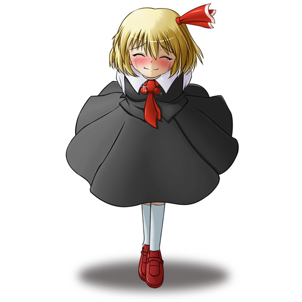 kounoji, rumia, embodiment of scarlet devil, touhou, 1girl, arms behind back, blonde hair, blush, closed eyes, female focus, hair ribbon, necktie, red necktie, ribbon, short hair, smile, socks, solo, tears
