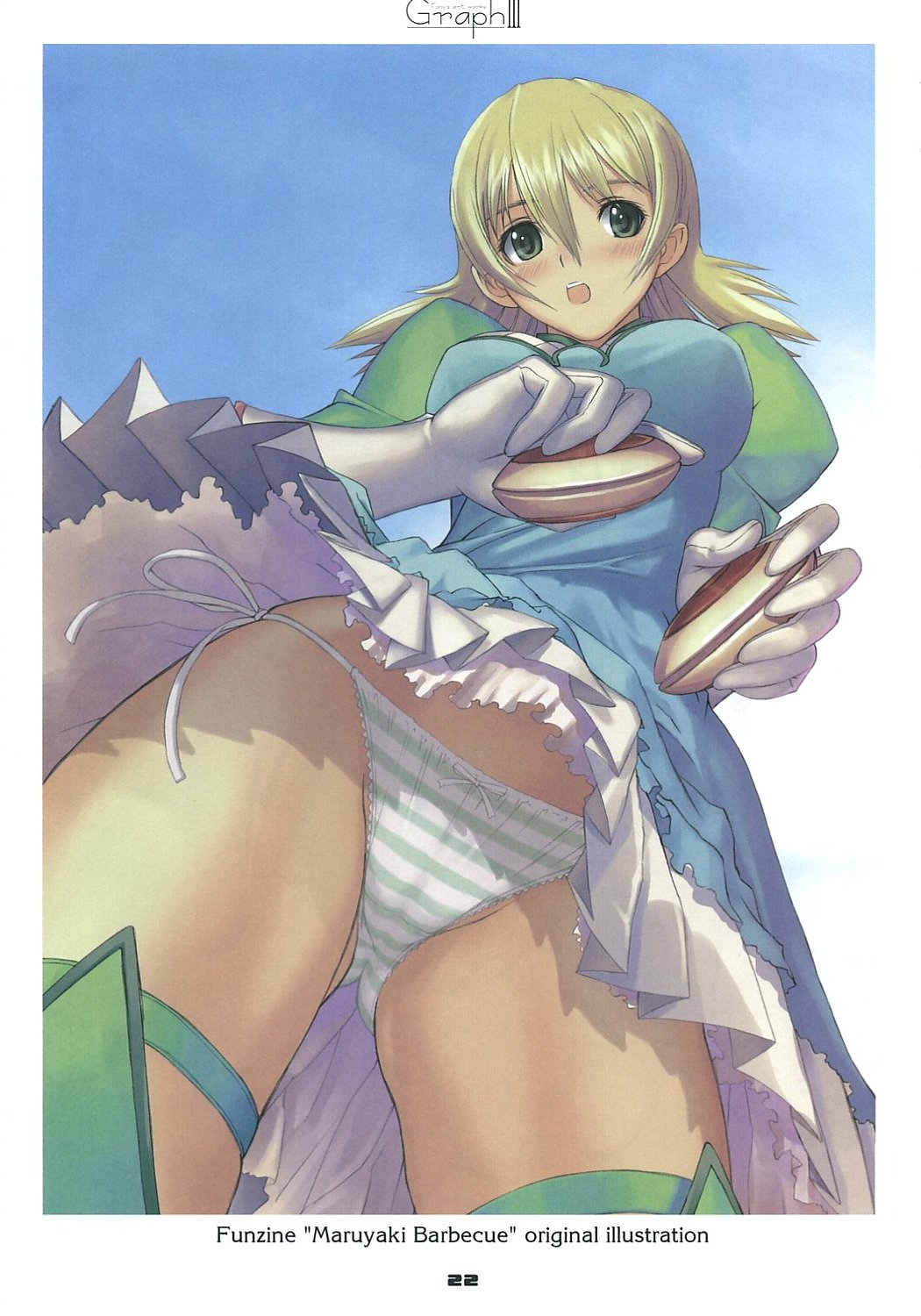 tony taka, gaball, zoids, zoids genesis, highres, scan, 00s, 1girl, :o, blonde hair, blush, border, bow, bow panties, day, dress, dual wielding, embarrassed, female focus, from below, gloves, green eyes, green panties, green thighhighs, holding, lace, lace-trimmed panties, lace trim, long hair, looking down, open mouth, outdoors, panties, pantyshot, pleated skirt, short dress, short hair, side-tie panties, skirt, sky, solo, standing, striped clothes, striped panties, surprised, thigh strap, thighhighs, thighs, underwear, upskirt, wind, wind lift, yo-yo