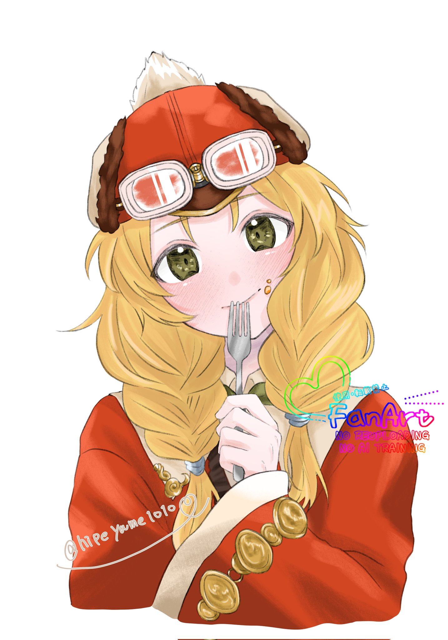 anette, rune factory, rune factory frontier, highres, 1girl, artist name, blonde hair, braid, closed mouth, food, food on face, fork, goggles, goggles on headwear, green eyes, hat, hipe1010, holding, holding fork, pale skin, red hat, smile, solo, twin braids, upper body, watermark, white background, wide sleeves
