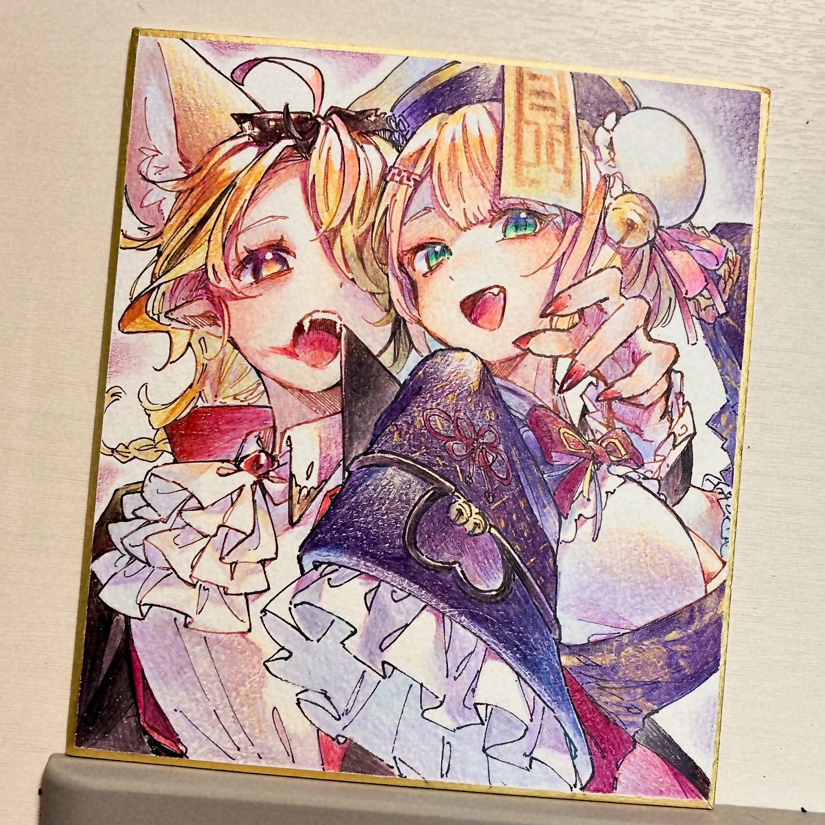 akubi darake, momosuzu nene, momosuzu nene (jiangshi), omaru polka, hololive, commentary request, highres, traditional media, 2girls, ahoge, alternate costume, alternate hairstyle, animal ears, arm over shoulder, ascot, blonde hair, blood on mouth, bow, bowtie, breasts, bun cover, center-flap bangs, collared shirt, fangs, fingernails, fox ears, fox girl, frilled sleeves, frills, green eyes, hair ornament, hair over one eye, hat, long fingernails, looking at viewer, multiple girls, nail polish, official alternate costume, official alternate hairstyle, ofuda, open mouth, pointy ears, purple hat, red bow, red bowtie, red nails, shirt, sleeves past fingers, sleeves past wrists, smile, vampire, vampire costume, virtual youtuber, white ascot