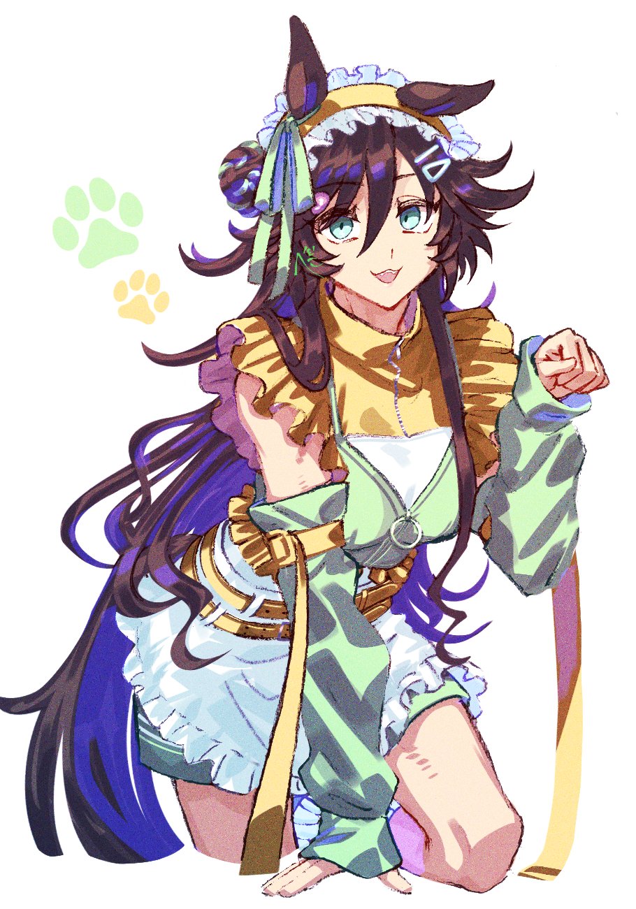 jagaimobeniko, mr. c.b. (umamusume), umamusume, highres, 1girl, alternate costume, animal ears, apron, arm warmers, blue eyes, blue hair, breasts, brown hair, frilled apron, frills, green jacket, green shorts, hair bun, hair ornament, hairclip, headdress, horse ears, horse girl, horse tail, jacket, jersey maid, leg warmers, long hair, looking at viewer, maid, maid apron, open mouth, shorts, simple background, sleeveless, sleeveless jacket, smile, tail, teeth, track jacket, unconventional maid, upper teeth only, very long hair, waist apron, white apron, white background