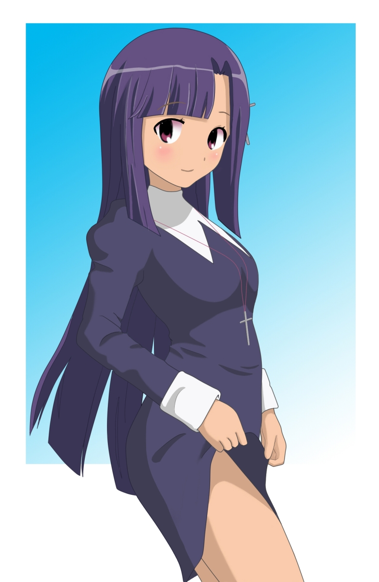 inaton, piatan, zange, kannagi, highres, 00s, clothes lift, cross, dress, dress lift, legs, long hair, purple hair, red eyes