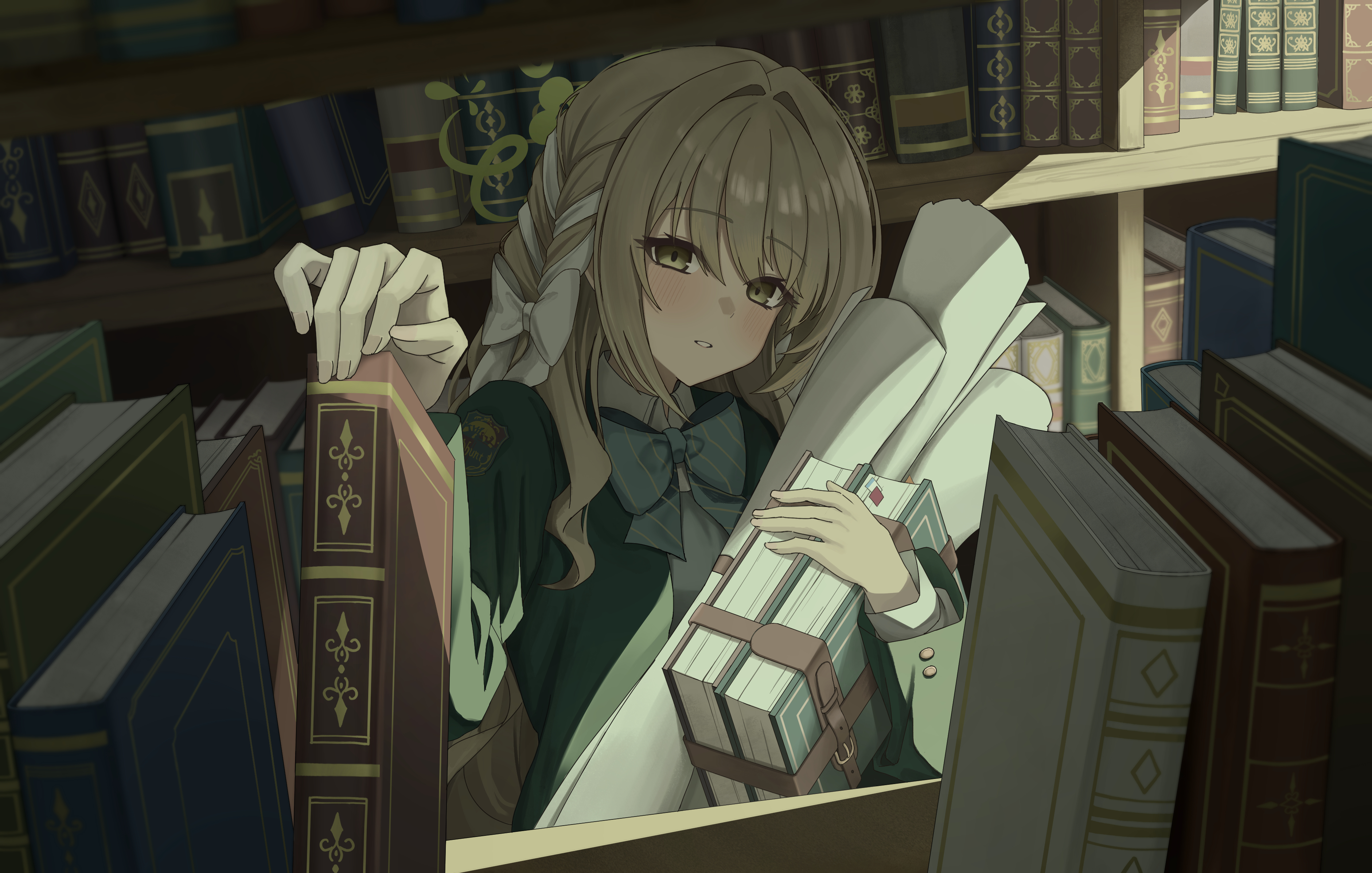 doumu (31678316), miyo (blue archive), blue archive, absurdres, commentary, highres, 1girl, blazer, blush, book, bookmark, bookshelf, bow, bowtie, braid, choppy bangs, collared shirt, day, diagonal-striped bow, diagonal-striped bowtie, diagonal-striped clothes, green bow, green bowtie, green halo, grey hair, hair between eyes, hair bow, hair intakes, hair ribbon, halo, hand up, head tilt, holding, holding book, holding paper, jacket, library, long hair, long sleeves, looking at viewer, paper, parted lips, ribbon, ribbon braid, shirt, sidelocks, solo, standing, striped bow, striped bowtie, striped clothes, very long hair, white bow, white shirt, wild hunt academy of arts logo, yellow eyes