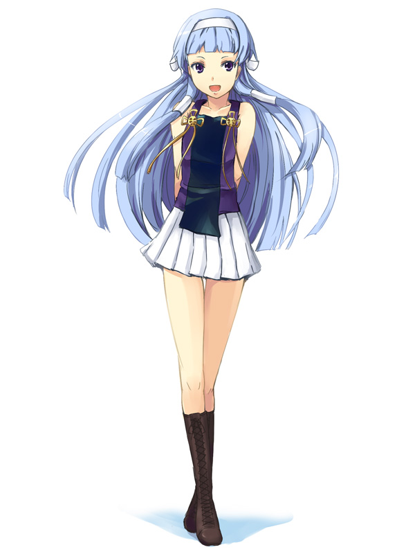 gin'ichi (akacia), ginichi, nagi, kannagi, 00s, 1girl, blue hair, blunt bangs, boots, female focus, hair ornament, hairband, long hair, miniskirt, pleated skirt, purple eyes, skirt, smile, solo, standing, tank top, white skirt