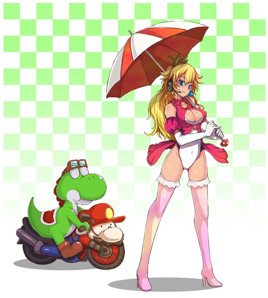 kara (color), mario, princess peach, yoshi, mario (series), mario kart, nintendo, super mario world 2: yoshi's island, tall, vehicle, revision, 1girl, bare shoulders, blonde hair, blue eyes, boots, breasts, checkered background, cleavage, cleavage cutout, clothing cutout, crown, earrings, elbow gloves, food, gloves, goggles, headset, high heels, highleg, highleg leotard, jewelry, large breasts, leotard, long hair, motor vehicle, motorcycle, objectification, pink boots, pink thighhighs, race queen, shadow, shoes, smile, standing, thigh boots, thighhighs, umbrella