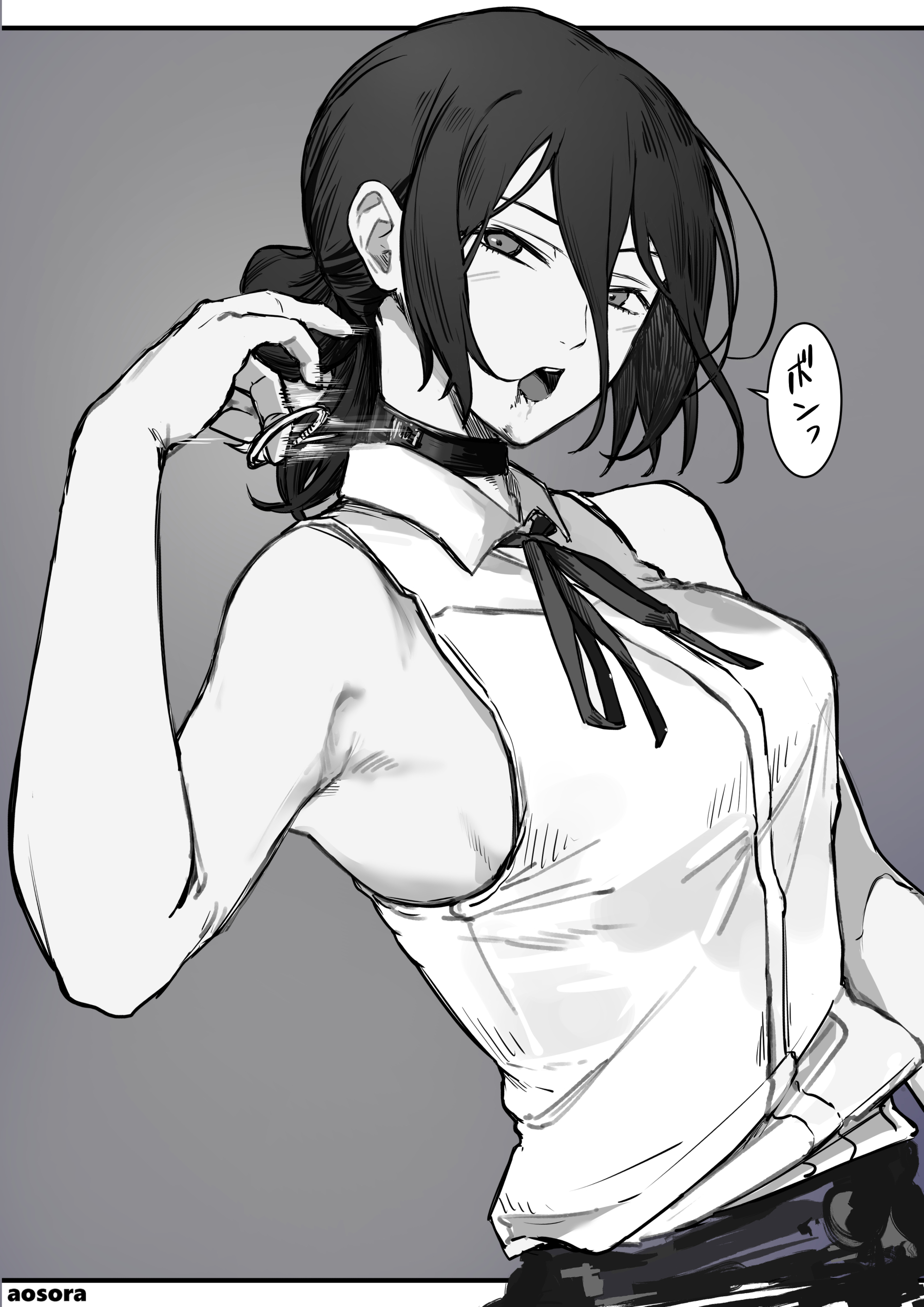 aosora2823, reze (chainsaw man), chainsaw man, absurdres, commentary request, highres, translation request, 1girl, armpits, artist name, breasts, choker, collared shirt, grenade pin, greyscale, hair between eyes, hair bun, long hair between eyes, medium breasts, monochrome, neck ribbon, ribbon, shirt, shirt tucked in, sideboob, simple background, single side bun, sleeveless, sleeveless shirt, solo, speech bubble, upper body