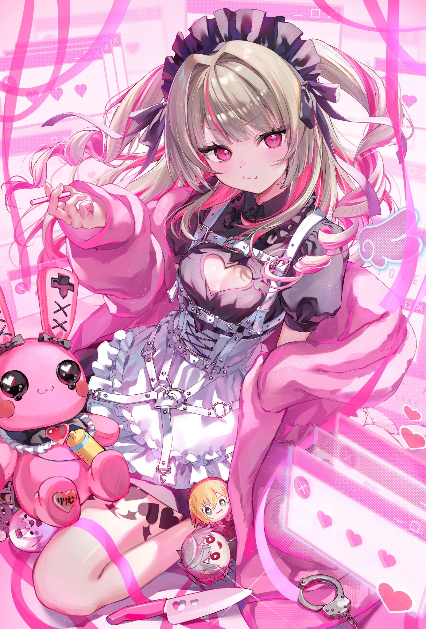 bochibochi (gyuuniku 6000), kuzuha (nijisanji), makaino ririmu, makaino ririmu (5th costume), uzuki kou, nijisanji, highres, 1girl, apron, arm support, black shirt, breasts, candy, character doll, cigarette candy, cleavage cutout, clothing cutout, coat, collar, cuffs, doll, fang, fingernails, food, frilled collar, frills, grey hair, handcuffs, heart, holding, holding candy, holding food, kitchen knife, knife, leather strap, looking at viewer, maid apron, maid headdress, miniskirt, multicolored hair, open clothes, open coat, open mouth, pink coat, pink eyes, puffy short sleeves, puffy sleeves, ringlets, shirt, short sleeves, sitting, skin fang, skirt, small breasts, solo, streaked hair, stuffed animal, stuffed toy, two side up, virtual youtuber, wariza, wing collar