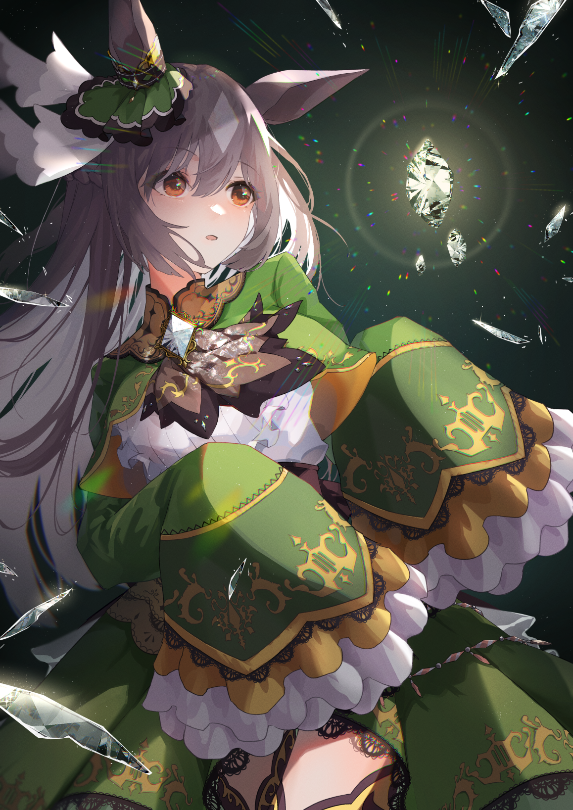 kamikura (kamikuralagu), satono diamond (natural brilliance) (umamusume), satono diamond (umamusume), umamusume, commentary request, highres, 1girl, :o, animal ears, ascot, brown ascot, brown eyes, brown hair, cowboy shot, dress, ear ornament, gem, green dress, hair between eyes, horse ears, horse girl, long hair, long sleeves, multicolored hair, open mouth, sleeves past fingers, sleeves past wrists, solo, streaked hair