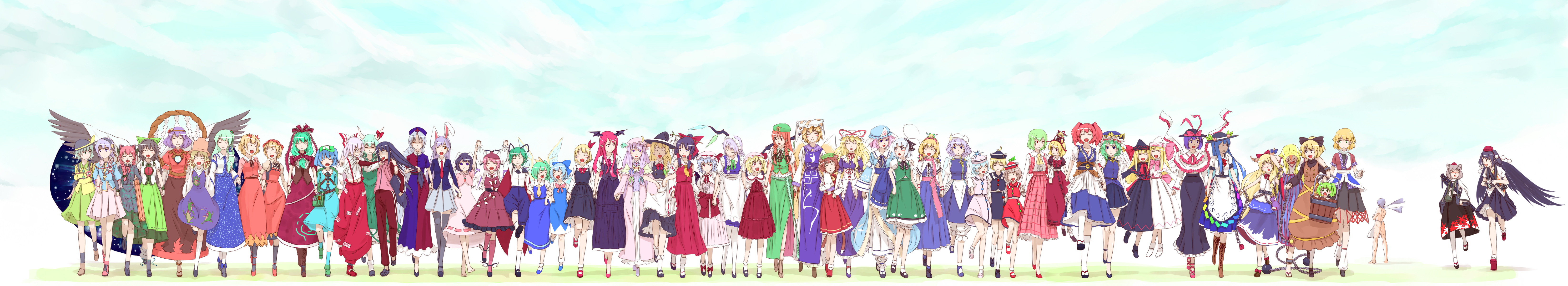 gustav (telomere na), aki minoriko, aki shizuha, alice margatroid, chen, cirno, daiyousei, ex-keine, flandre scarlet, fujiwara no mokou, hakurei reimu, hinanawi tenshi, hong meiling, hoshiguma yuugi, hourai doll, houraisan kaguya, ibuki suika, inaba tewi, inubashiri momiji, izayoi sakuya, kaenbyou rin, kagiyama hina, kamishirasawa keine, kawashiro nitori, kazami yuuka, kirisame marisa, kisume, koakuma, kochiya sanae, komeiji koishi, komeiji satori, konpaku youmu, konpaku youmu (ghost), kurodani yamame, letty whiterock, lily black, lily white, lunasa prismriver, lyrica prismriver, mannosuke, medicine melancholy, merlin prismriver, mizuhashi parsee, morichika rinnosuke, moriya suwako, mystia lorelei, nagae iku, onozuka komachi, patchouli knowledge, reisen udongein inaba, reiuji utsuho, remilia scarlet, rumia, saigyouji yuyuko, shameimaru aya, shanghai doll, shiki eiki, su-san, wriggle nightbug, yagokoro eirin, yakumo ran, yakumo yukari, yasaka kanako, touhou, silver hair, absurdres, highres, long image, wide image, 6+girls, ^ ^, anger vein, angry, animal ears, antennae, apron, ascot, backpack, bag, black hair, black wings, blonde hair, bloomers, blue hair, blush stickers, bow, braid, bucket, camera, cape, carrot, carrot necklace, cat ears, cat tail, chain, closed eyes, coin, crescent, crescent moon, cross, cup, detached sleeves, doll, dress, dual persona, everyone, extra ears, fairy wings, food, fox tail, frills, frog, from behind, front ponytail, fruit, gem, geta, ghost, gohei, green eyes, green hair, hair bobbles, hair bow, hair ornament, hair ribbon, hairband, hat, hat bow, hat ribbon, heart, hitodama, holding hands, horns, ice, in bucket, in container, jewelry, leg up, loincloth, long hair, maid, maid apron, mirror, moon, multiple girls, multiple tails, necklace, ofuda, one eye closed, orange hair, pants, peach, pendant, pink hair, plaid clothes, plaid skirt, plaid vest, purple eyes, purple hair, rabbit ears, red eyes, red hair, ribbon, rope, sakazuki, scarf, shawl, shirt, side ponytail, single horn, skirt, skirt set, slit pupils, smile, snake, socks, star (symbol), tail, tears, tengu-geta, thighhighs, third eye, tokin hat, tools, track suit, twintails, two side up, underwear, vest, wings, wink