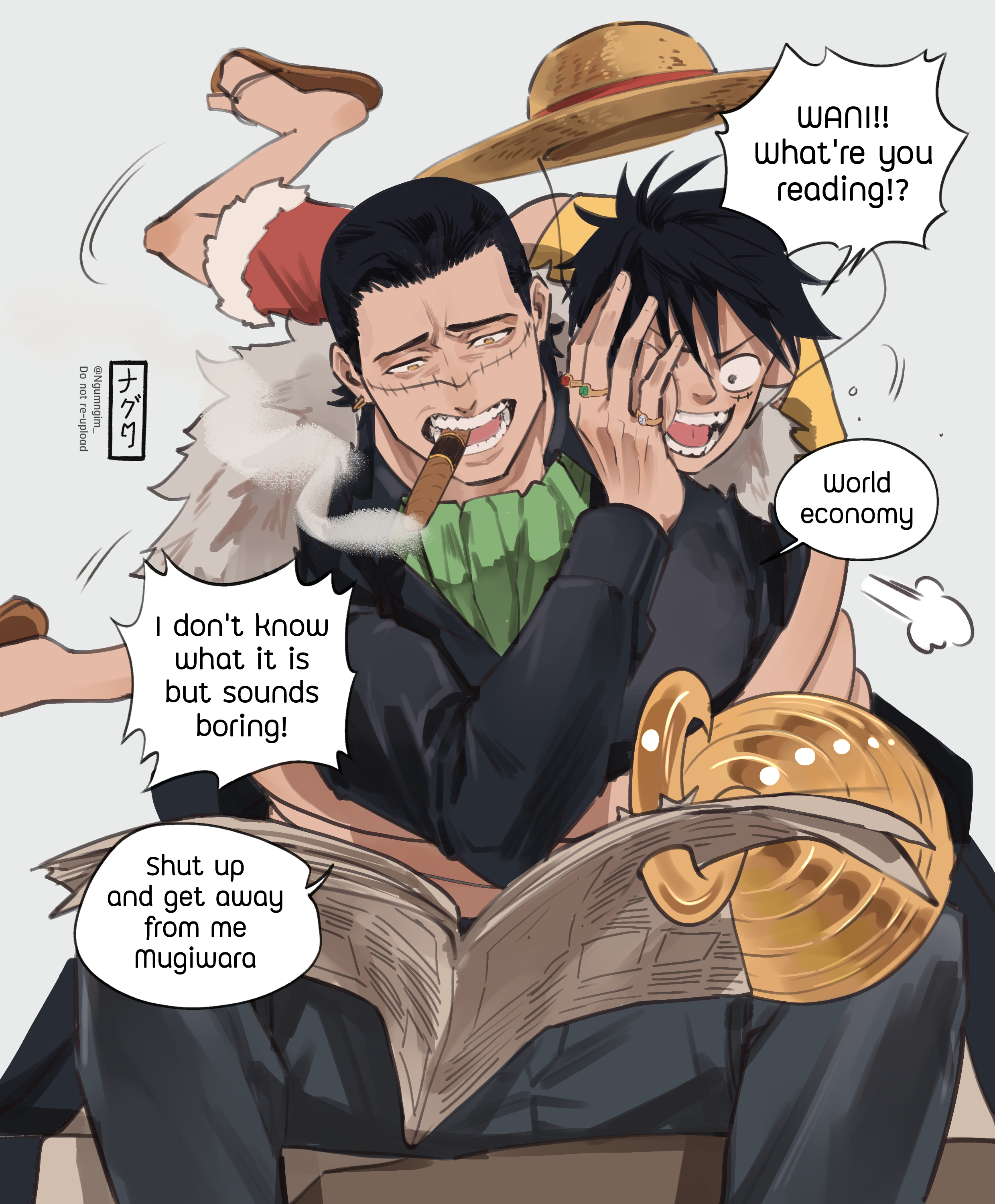 ngumngim, crocodile (one piece), monkey d. luffy, one piece, absurdres, highres, ascot, black hair, black jacket, cigar, english text, fur-trimmed shorts, fur trim, glomp, green ascot, grey background, hat, hook hand, hug, jacket, jewelry, mouth hold, multiple rings, newspaper, red shorts, ring, sandals, scar, scar on face, short hair, shorts, smoking, speech bubble, stitched face, stitches, straw hat, teeth hold, yellow eyes