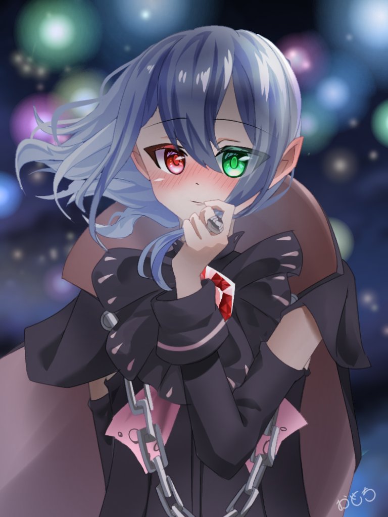 iris noire, rune factory, rune factory frontier, 1girl, black cape, black capelet, blue hair, blush, cape, capelet, chain, closed mouth, green eyes, hand up, heterochromia, jewelry, omochi daimao, pale skin, pointy ears, red eyes, ring, signature, solo, upper body