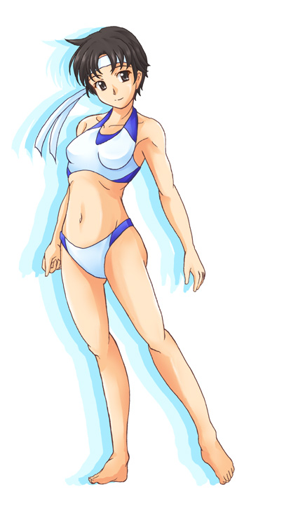 kanae yarushi, kasugano sakura, capcom, street fighter, bad id, bad pixiv id, bikini, black eyes, black hair, headband, short hair, solo, swimsuit
