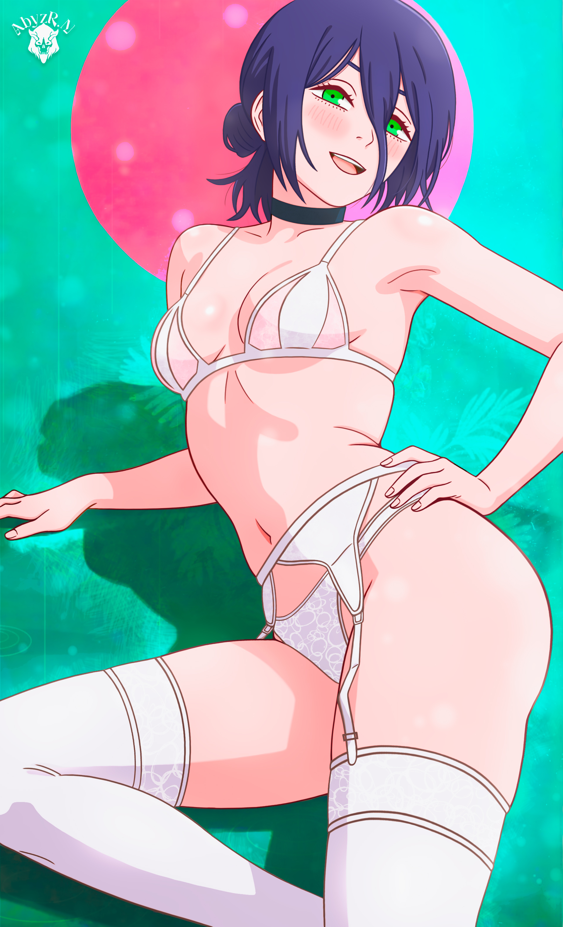abyzr.n, reze (chainsaw man), chainsaw man, absurdres, commentary, english commentary, highres, 1girl, :d, ass, black choker, bra, breasts, choker, contrapposto, garter straps, green eyes, hair between eyes, hand on own hip, lingerie, looking at viewer, loosely tucked bangs, medium breasts, medium hair, navel, open mouth, panties, purple hair, sidelocks, skindentation, smile, solo, thighhighs, thighs, underwear, underwear only, white bra, white panties, white thighhighs