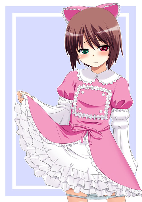 hijiri tsukasa, souseiseki, rozen maiden, bad id, bad pixiv id, 00s, 1girl, androgynous, blush, brown hair, clothes lift, dress, dress lift, embarrassed, female focus, frills, heterochromia, panties, panty pull, short hair, solo, underwear