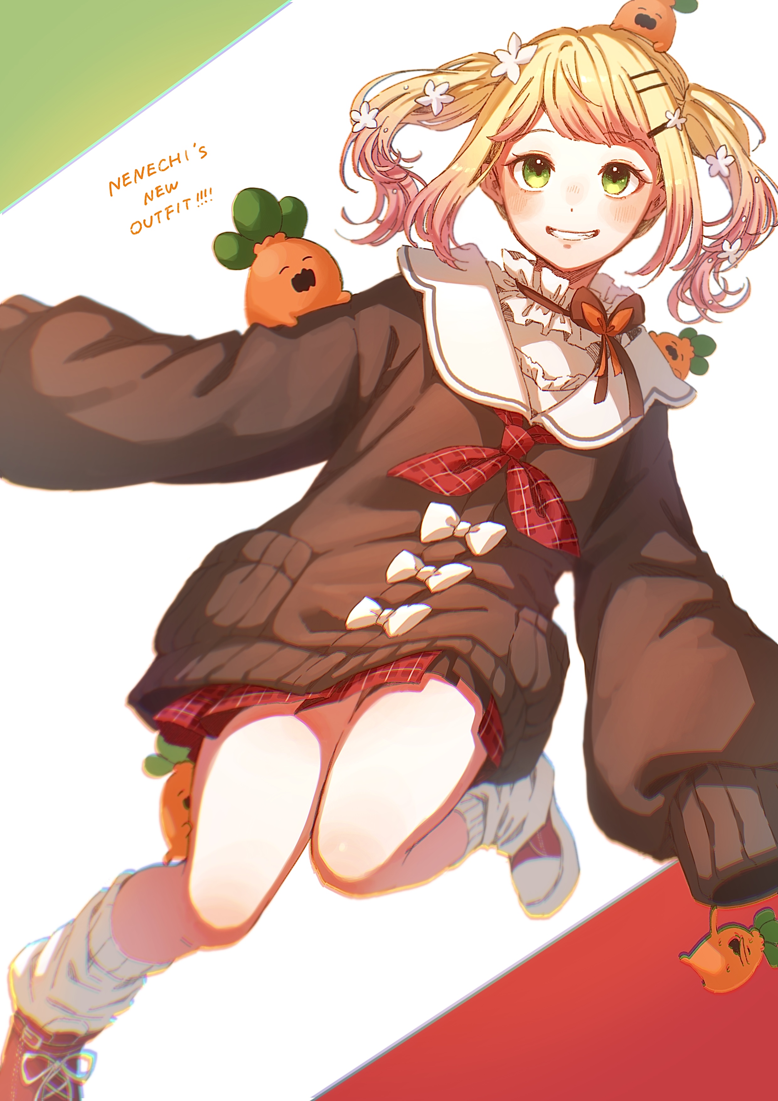 akubi darake, momosuzu nene, momosuzu nene (casual), nekko (momosuzu nene), hololive, absurdres, commentary request, highres, 1girl, blonde hair, bow, bowtie, brown bow, brown bowtie, brown cardigan, brown sweater, cardigan, collar, english text, flower, frilled collar, frills, gradient hair, green eyes, grin, hair flower, hair ornament, hairclip, looking at viewer, loose socks, miniskirt, multicolored hair, neckerchief, official alternate costume, official alternate hair length, official alternate hairstyle, on shoulder, pink hair, plaid clothes, plaid skirt, red neckerchief, red shoes, red skirt, sailor collar, shoes, sidelocks, skirt, sleeves past fingers, sleeves past wrists, smile, socks, solo, sweater, twintails, very long sleeves, virtual youtuber, white sailor collar, white socks