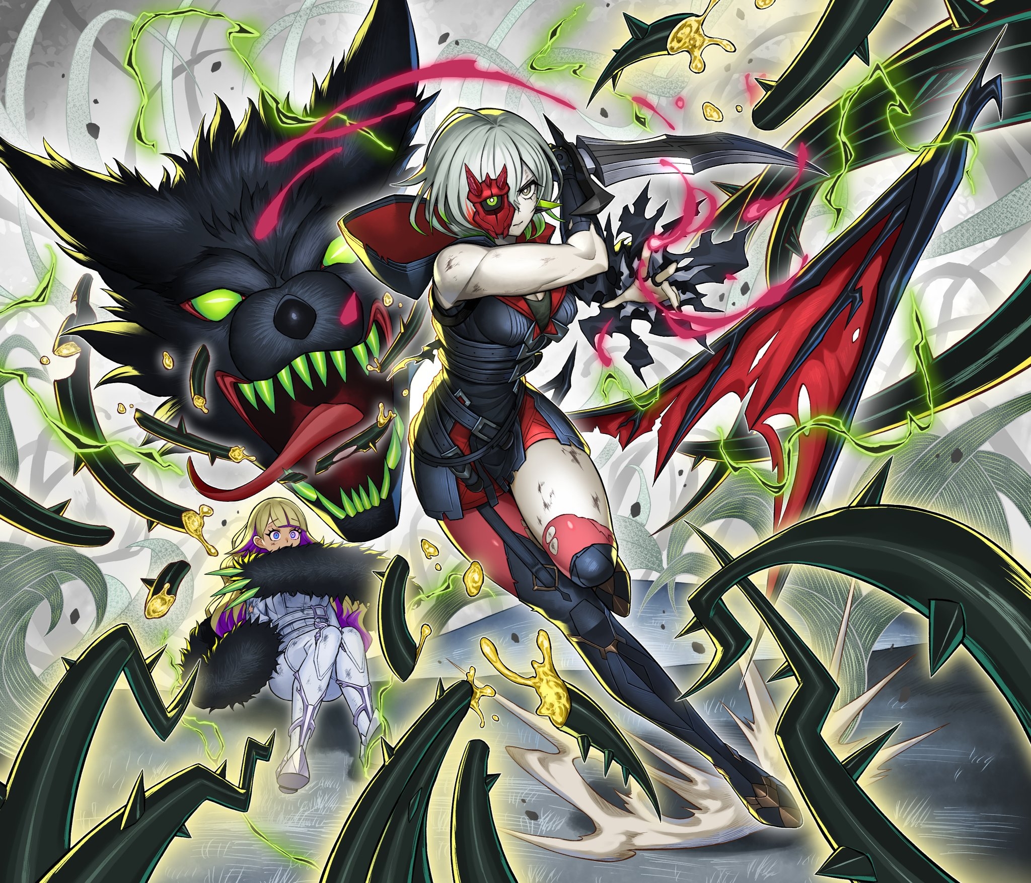 hucydin, diabellstar the black witch, diabellze the original sinkeeper, yu-gi-oh!, highres, 1girl, 2girls, blonde hair, breasts, cleavage, detached sleeves, disembodied head, duel monster, green hair, grey hair, half mask, hood, mask, multiple girls, torn clothes