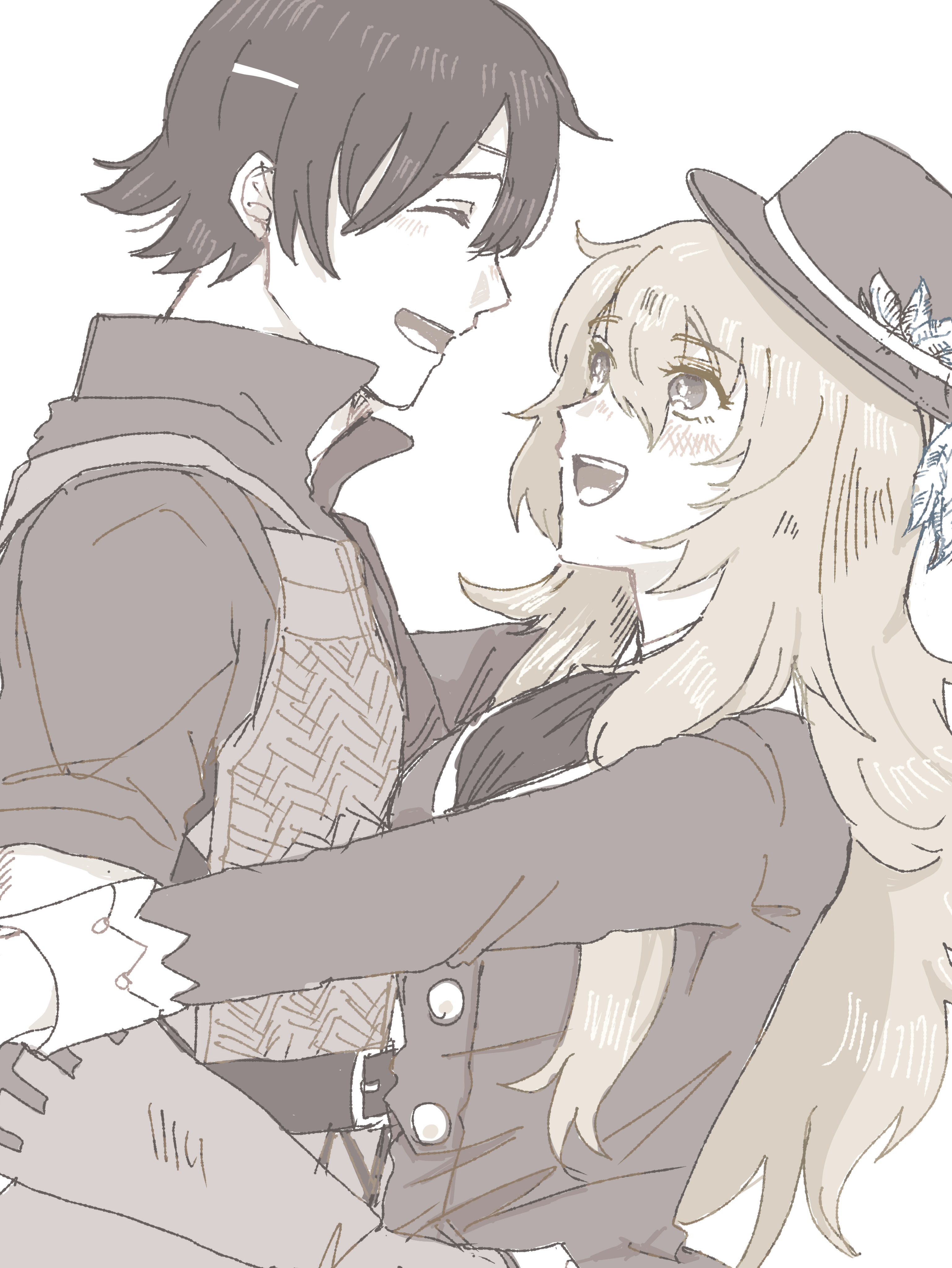 raguna, selphy, rune factory, rune factory frontier, absurdres, highres, 1boy, 1girl, :d, ^ ^, belt, belt buckle, blonde hair, brown hair, brown hat, buckle, closed eyes, couple, hat, hat feather, hetero, hug, male focus, monochrome, open mouth, pale skin, ppppjwdj258, smile, teeth, upper body, upper teeth only, white background