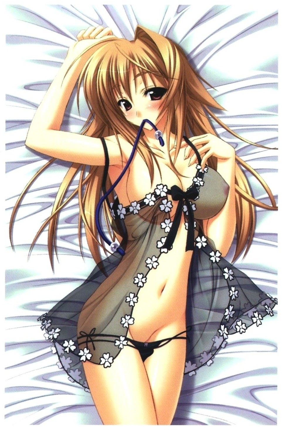 ruton-niki, kiryuu tsukasa (akane-iro ni somaru saka), akane-iro ni somaru saka, highres, 1girl, babydoll, bed, black panties, blonde hair, blush, bow, bow panties, breasts, cleavage, female focus, large breasts, lingerie, long hair, lying, mouth hold, navel, nipples, on back, panties, panty pull, red eyes, see-through clothes, side-tie panties, solo, underwear