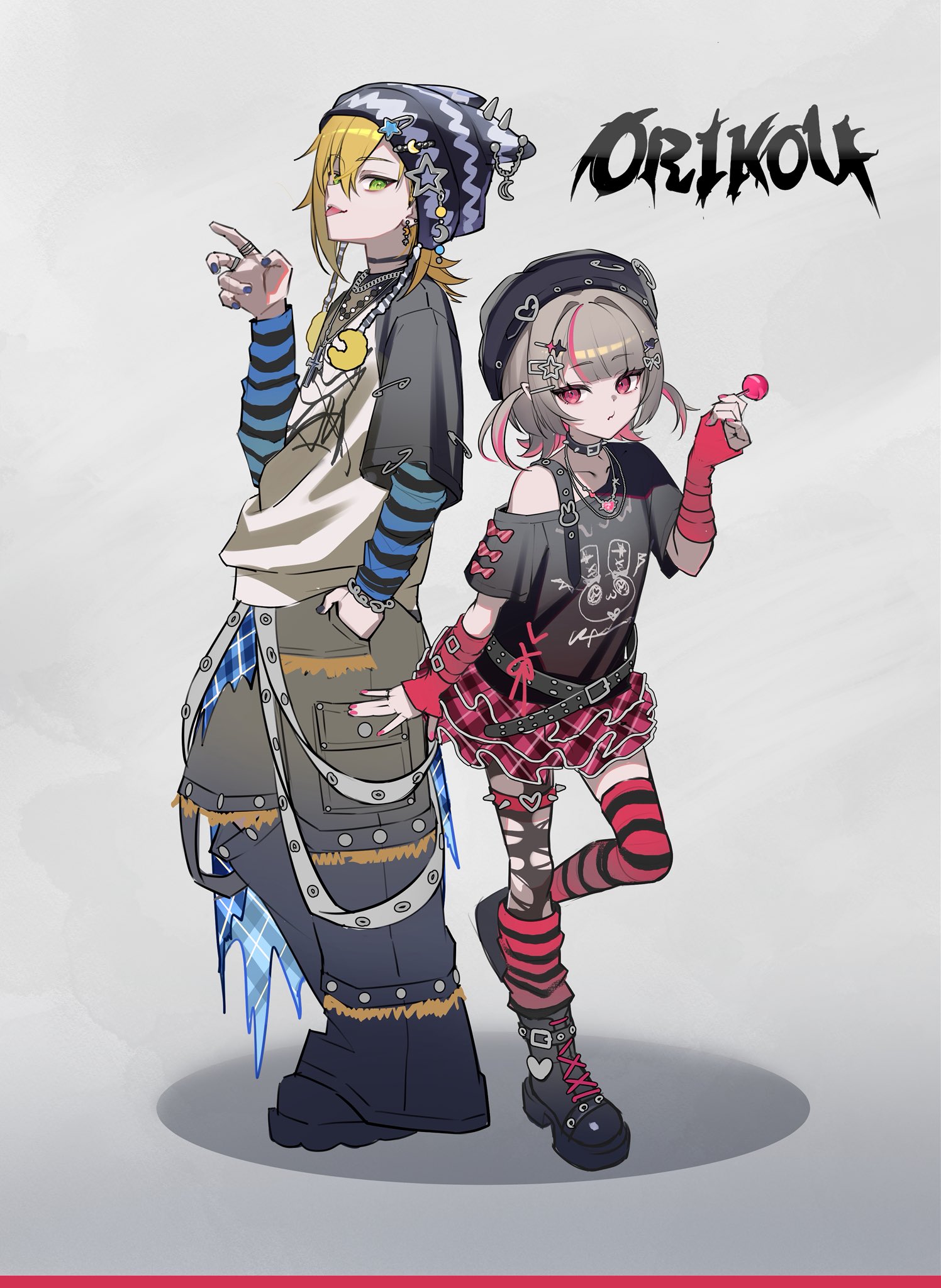 bochibochi (gyuuniku 6000), makaino ririmu, uzuki kou, nijisanji, highres, 1boy, 1girl, alternate costume, asymmetrical clothes, beanie, beret, black boots, black hat, black shirt, blonde hair, boots, brown hair, candy, choker, earrings, fashion, food, full body, green eyes, grey background, hat, jewelry, kneehighs, layered sleeves, lollipop, long sleeves, looking at viewer, miniskirt, multicolored hair, multiple necklaces, multiple rings, nail polish, necklace, off shoulder, pants, pantyhose, pink eyes, pink skirt, plaid clothes, plaid skirt, print shirt, ring, shirt, short hair, short over long sleeves, short sleeves, simple background, single kneehigh, single pantsleg, single sock, single thighhigh, skirt, socks, streaked hair, striped clothes, striped sleeves, striped socks, striped thighhighs, thigh strap, thighhighs, tongue, tongue out, torn clothes, torn pantyhose, two side up, virtual youtuber