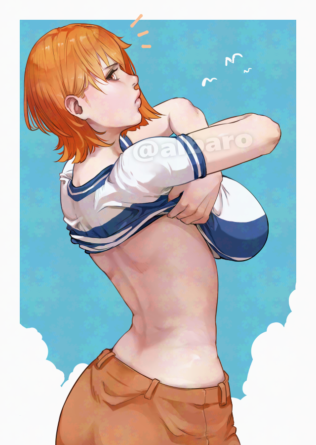 albaro, nami (one piece), one piece, commentary request, 1girl, back, bare arms, bird, blue sky, border, breasts, brown skirt, closed mouth, clothes lift, cloud, cloudy sky, cowboy shot, eyelashes, from behind, from side, hair behind ear, large breasts, lifting own clothes, lips, looking at viewer, notice lines, orange eyes, orange hair, outdoors, outside border, profile, shirt, shirt lift, short hair, short sleeves, skeptical, skirt, sky, solo, t-shirt, thick lips, twitter username, undressing, watermark, white bird, white border