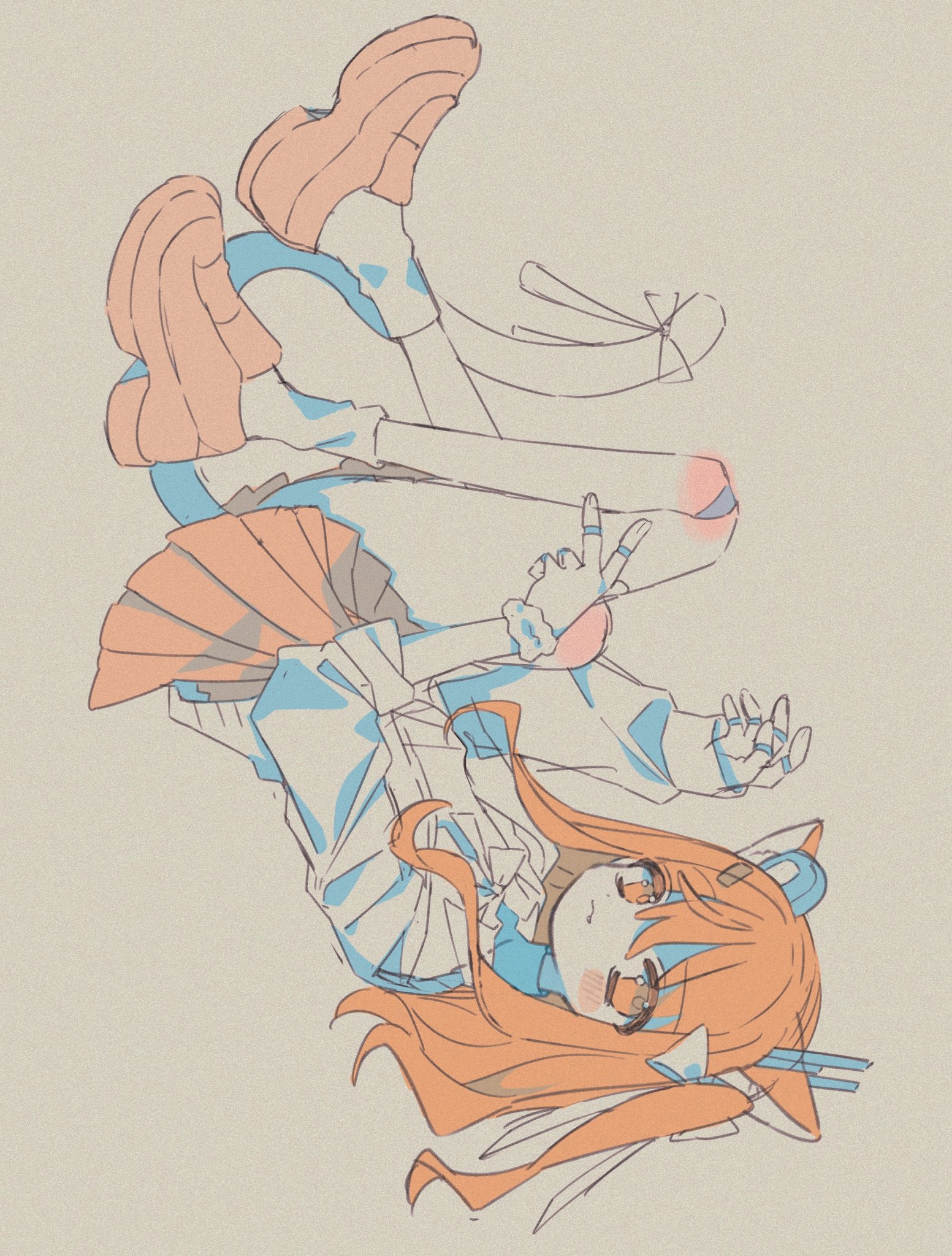 nasi (na si), adachi rei, a.i. voice, utau, commentary, highres, 1girl, alternate costume, android, animal ears, cat ears, cat tail, closed mouth, gyaru, joints, kemonomimi mode, long hair, looking at viewer, looking to the side, miniskirt, one side up, orange eyes, orange hair, pleated skirt, ribbon, robot joints, scrunchie, shirt, shoes, simple background, skirt, socks, solo, tail, tail ornament, tail ribbon, upside-down, wrist scrunchie