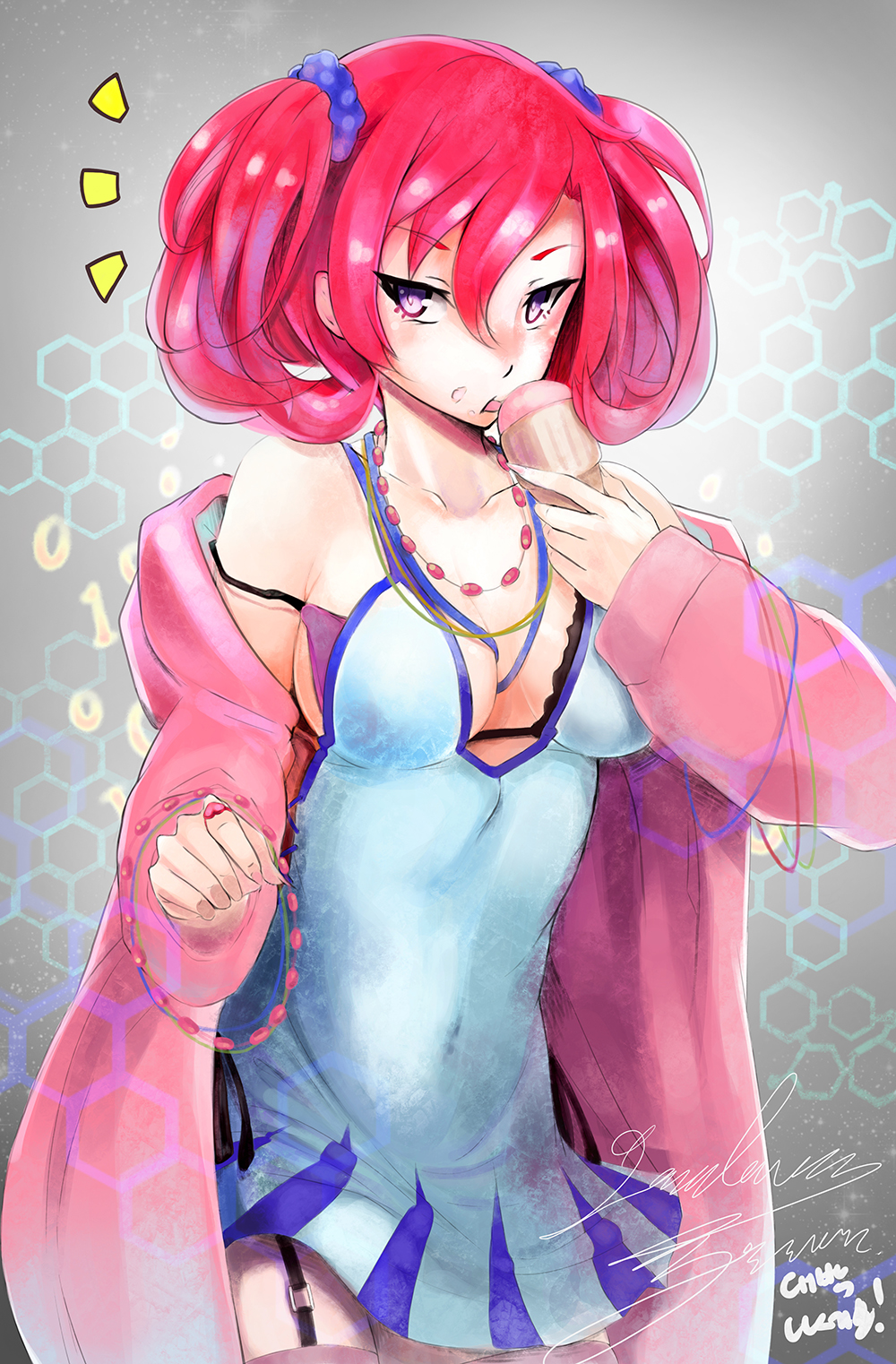 torriet, shiramine nokia, digimon, digimon story: cyber sleuth, bad id, bad pixiv id, highres, 1girl, bare shoulders, black bra, blue camisole, blue eyes, bra, breasts, camisole, cleavage, collarbone, cowboy shot, garter straps, grey background, holding, holding ice cream cone, ice cream cone, jacket, large breasts, missing commentary, pink jacket, red hair, signature, simple background, solo, tongue, tongue out, twintails, underwear