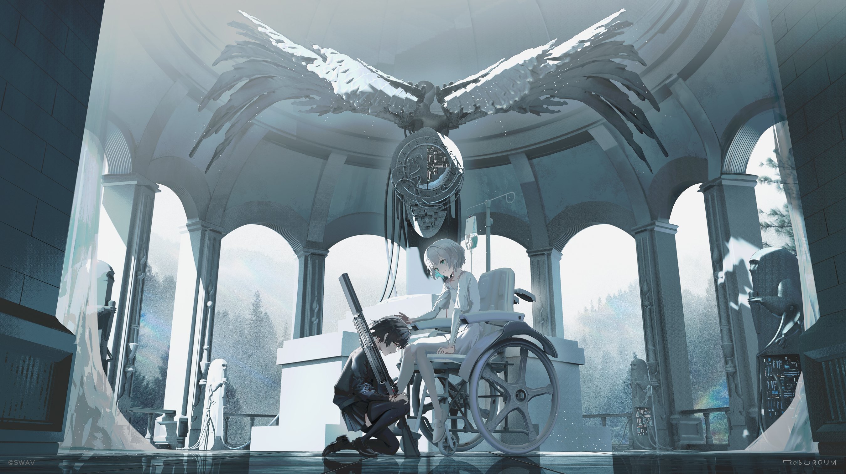 swav, original, highres, 2girls, aqua eyes, arch, black hair, black jacket, black shoes, black skirt, black thighhighs, dress, grey sky, gun, intravenous drip, jacket, kneeling, looking at another, multiple girls, rifle, shoes, short dress, short hair, skirt, sky, statue, thighhighs, tree, weapon, wheelchair, white dress, white hair, white shoes